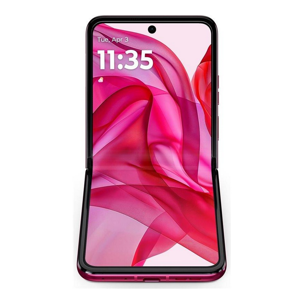 Téléphone pliable rose ouvert avec un écran affichant l'heure et un design abstrait.