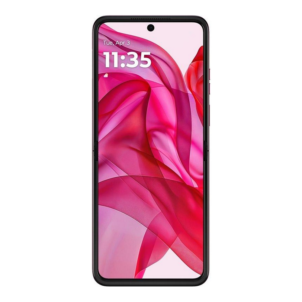 Téléphone Motorola Razr ouvert, affichant l'écran avec la date et l'heure.