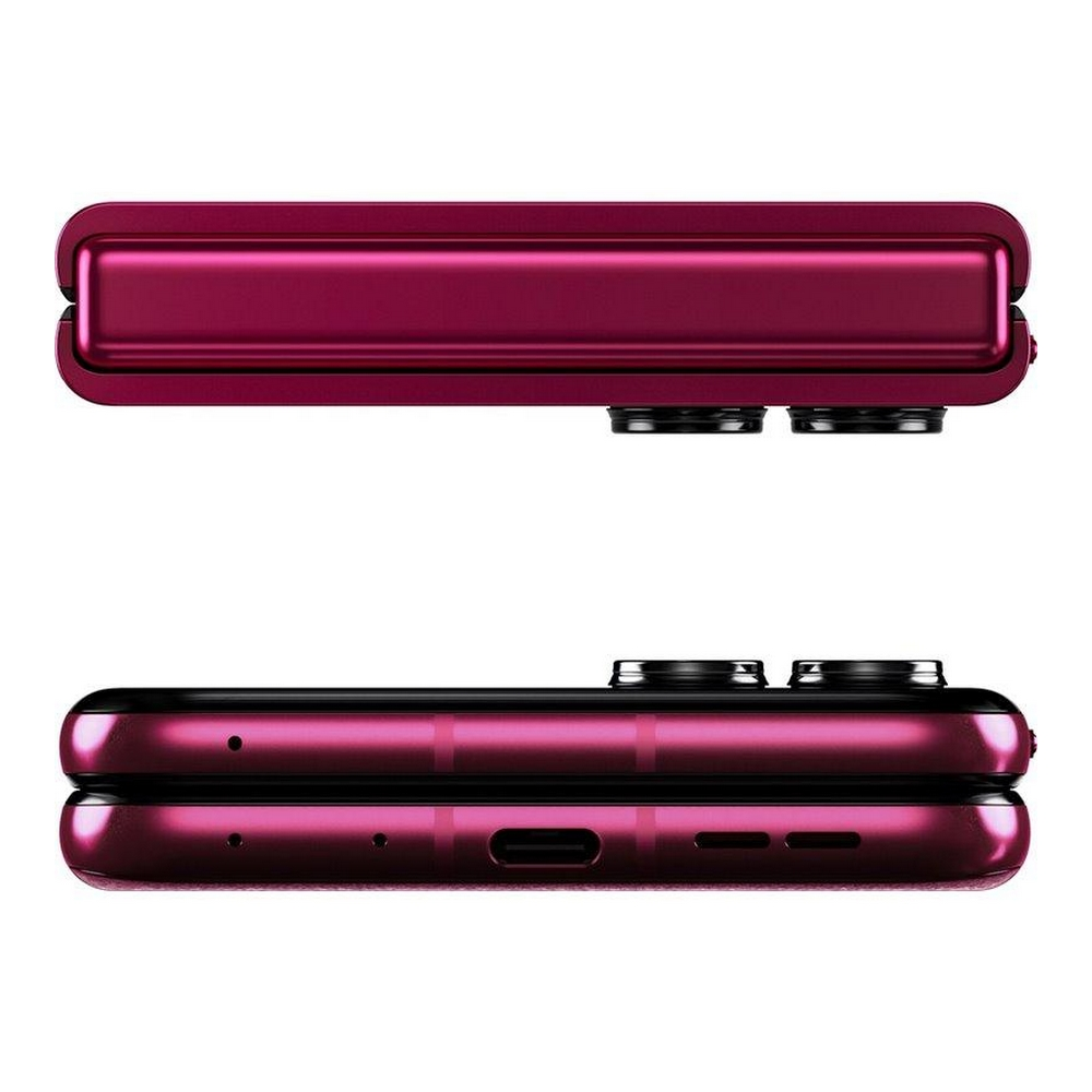 Smartphone pliable, fermé. Vues de dessus et de dessous montrant le bordeaux.
