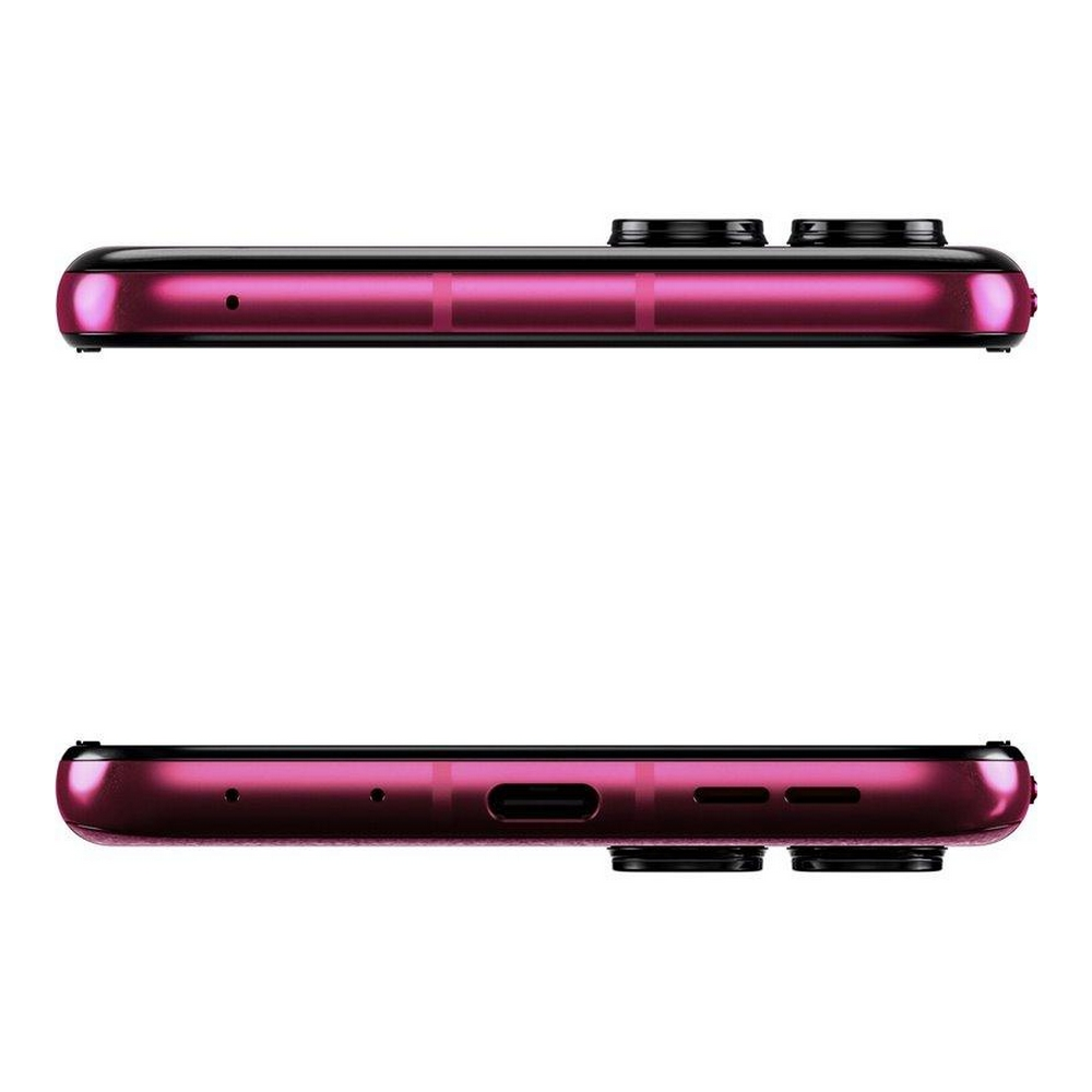 Vues supérieure et inférieure d'un téléphone violet. Montre boutons, ports et caméra.