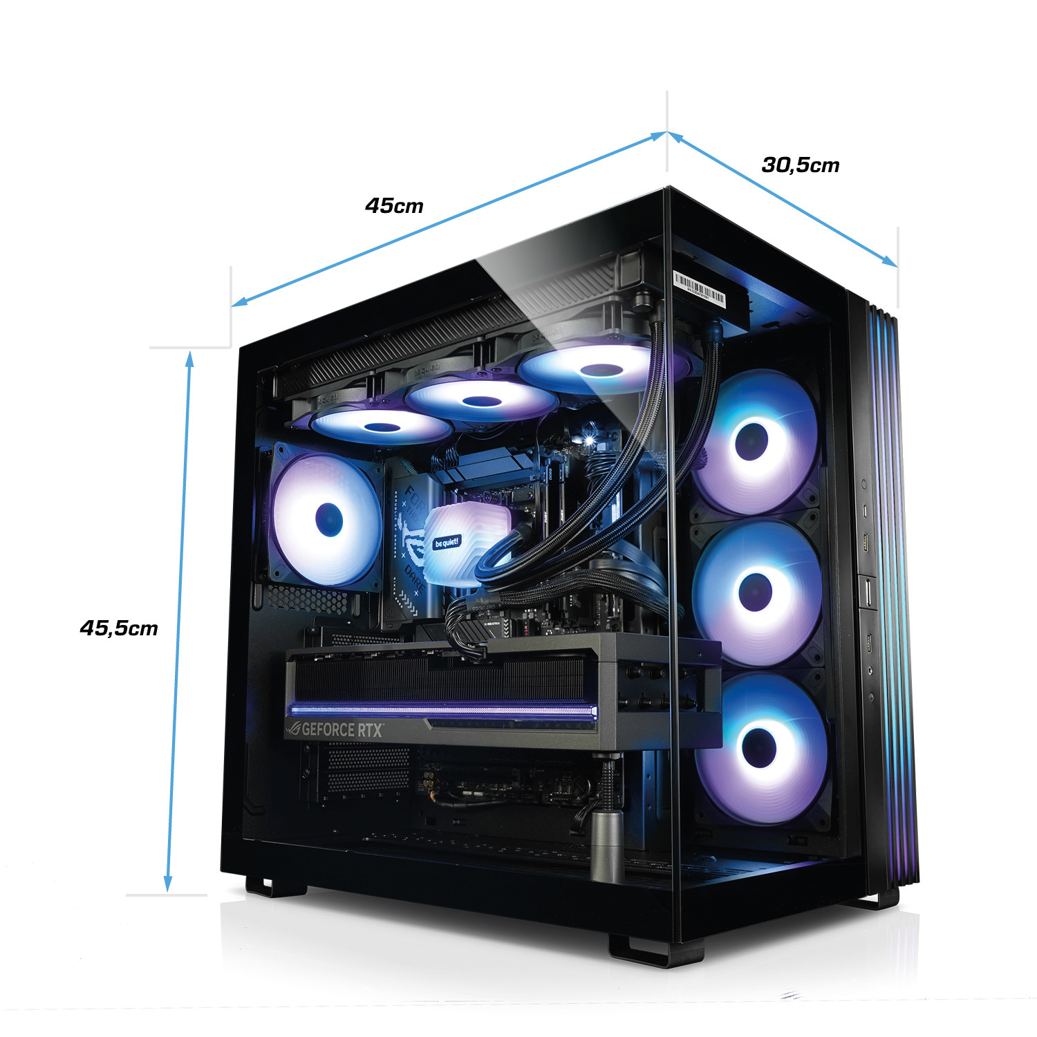 Schwarzes PC-Gehäuse mit Glas-Seitenwand, zeigt Komponenten, mit blau beleuchteten Lüftern.