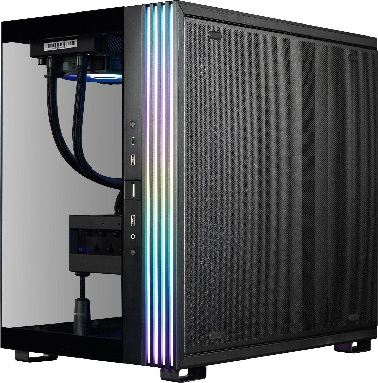 Schwarzes PC-Gehäuse mit Glasseitenwand und farbigen LED-Streifen.