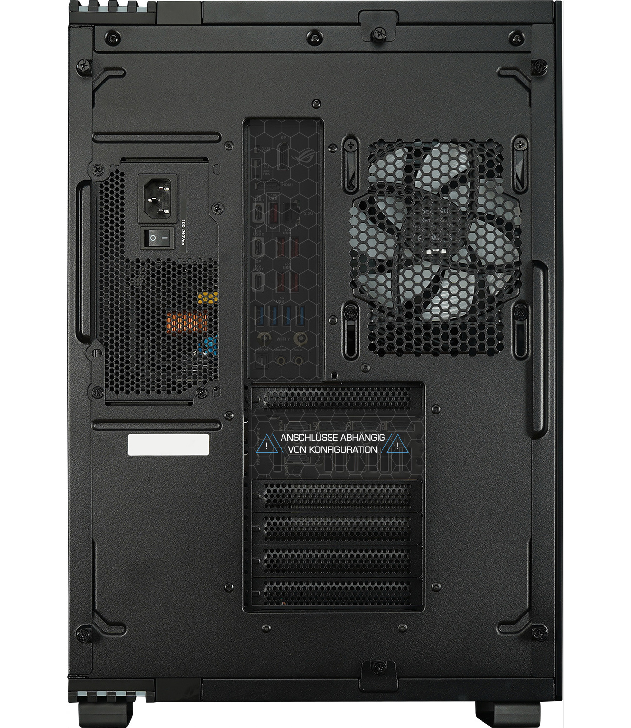 Rückseite eines schwarzen Computergehäuses mit verschiedenen Anschlüssen, einem Lüfter und dem Netzteilbereich sichtbar.
