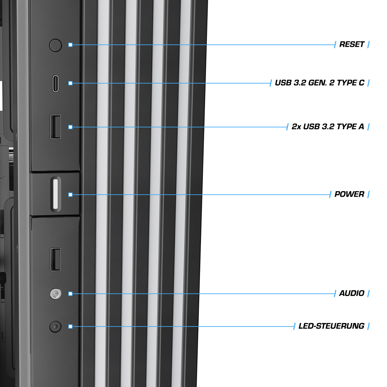 Nahaufnahme eines Computergehäuses mit beschrifteten Anschlüssen: Reset, USB, Strom, Audio und LED-Steuerung, vertikale Streifen.