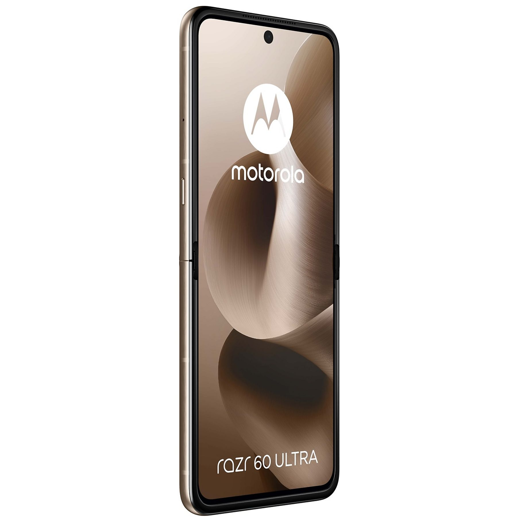 Srebrny i złoty składany telefon z dużym ekranem. Logo Motorola na ekranie.