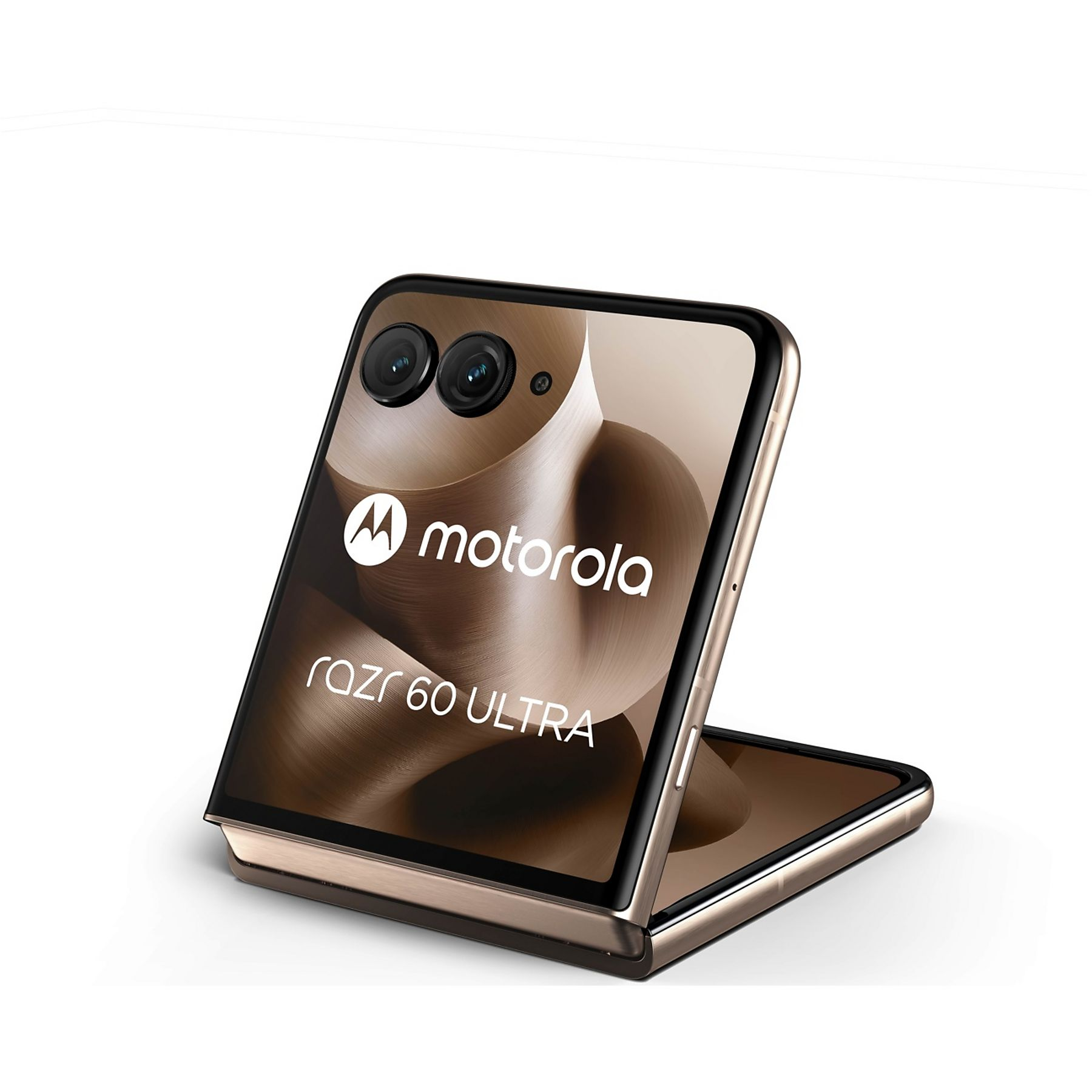 Ein Motorola Razr 60 Ultra Telefon ist geöffnet zu sehen. Das Telefon ist gold und braun. Der Hintergrund ist weiß.