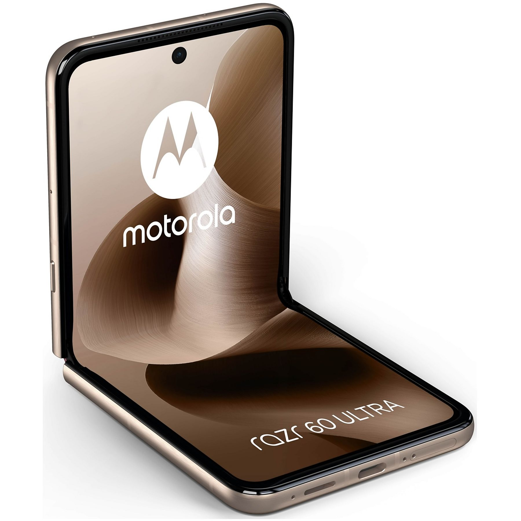 Składany smartfon, złota ramka, otwarty. Ekran wyświetla logo Motorola i płynny wzór.