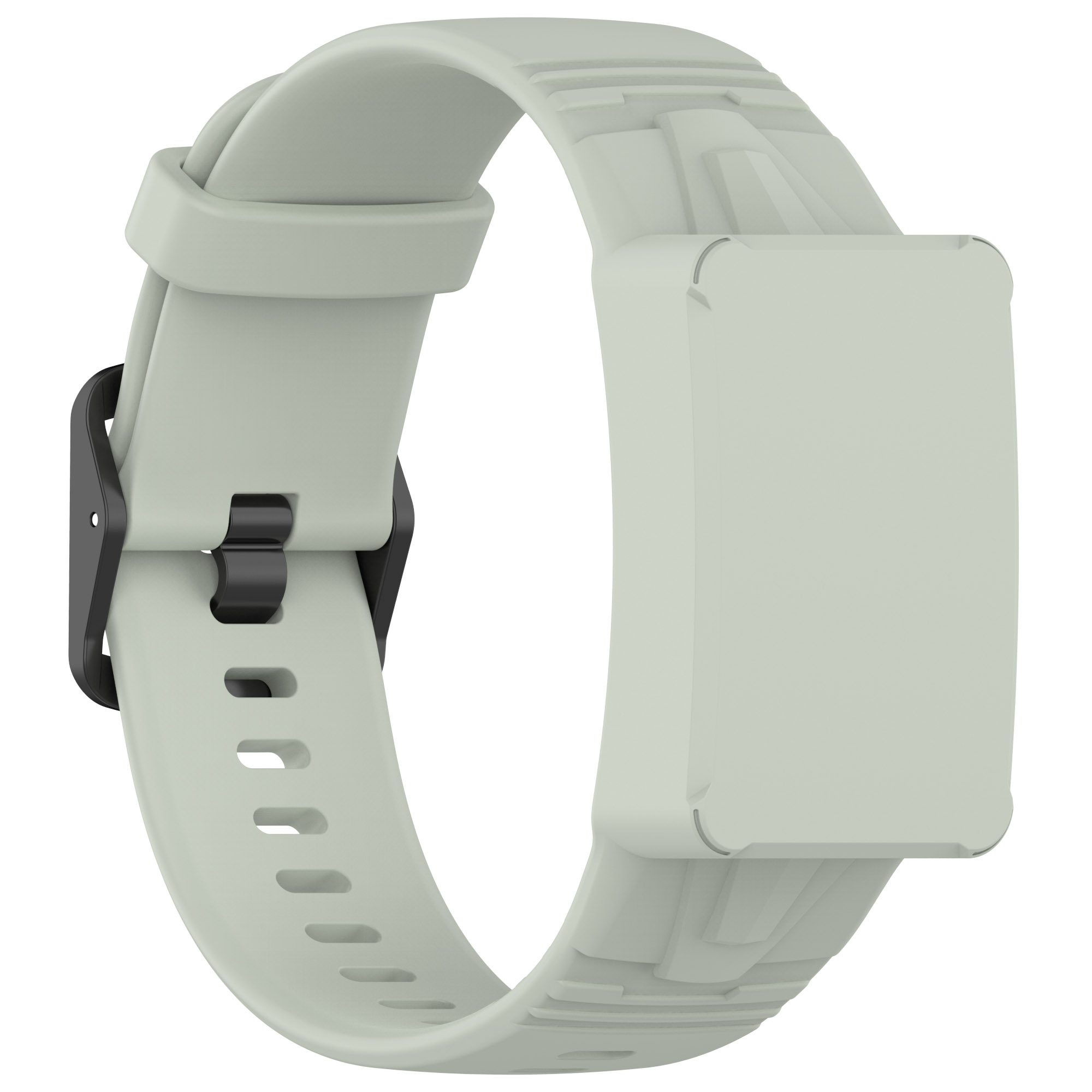 Primo piano del cinturino di uno smartwatch verde chiaro con fibbia nera e schermo rettangolare.