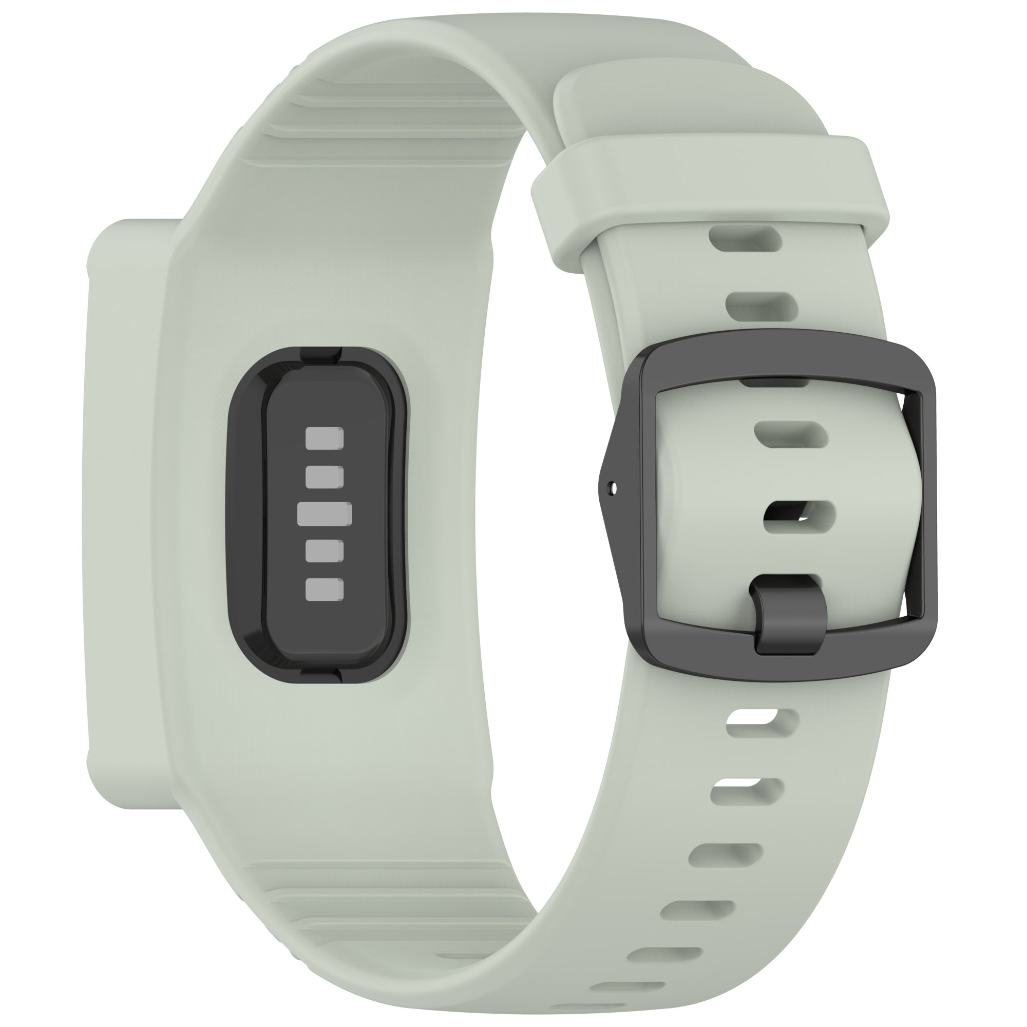 Fascetta per fitness tracker verde pallido con fibbia nera. Isolato su sfondo bianco.