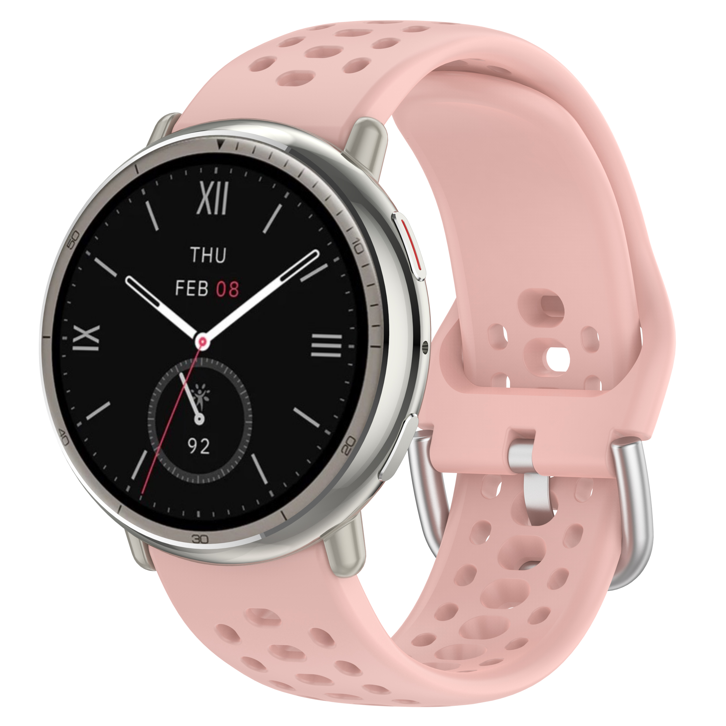 Uno smartwatch con cinturino rosa, che mostra data e ora.