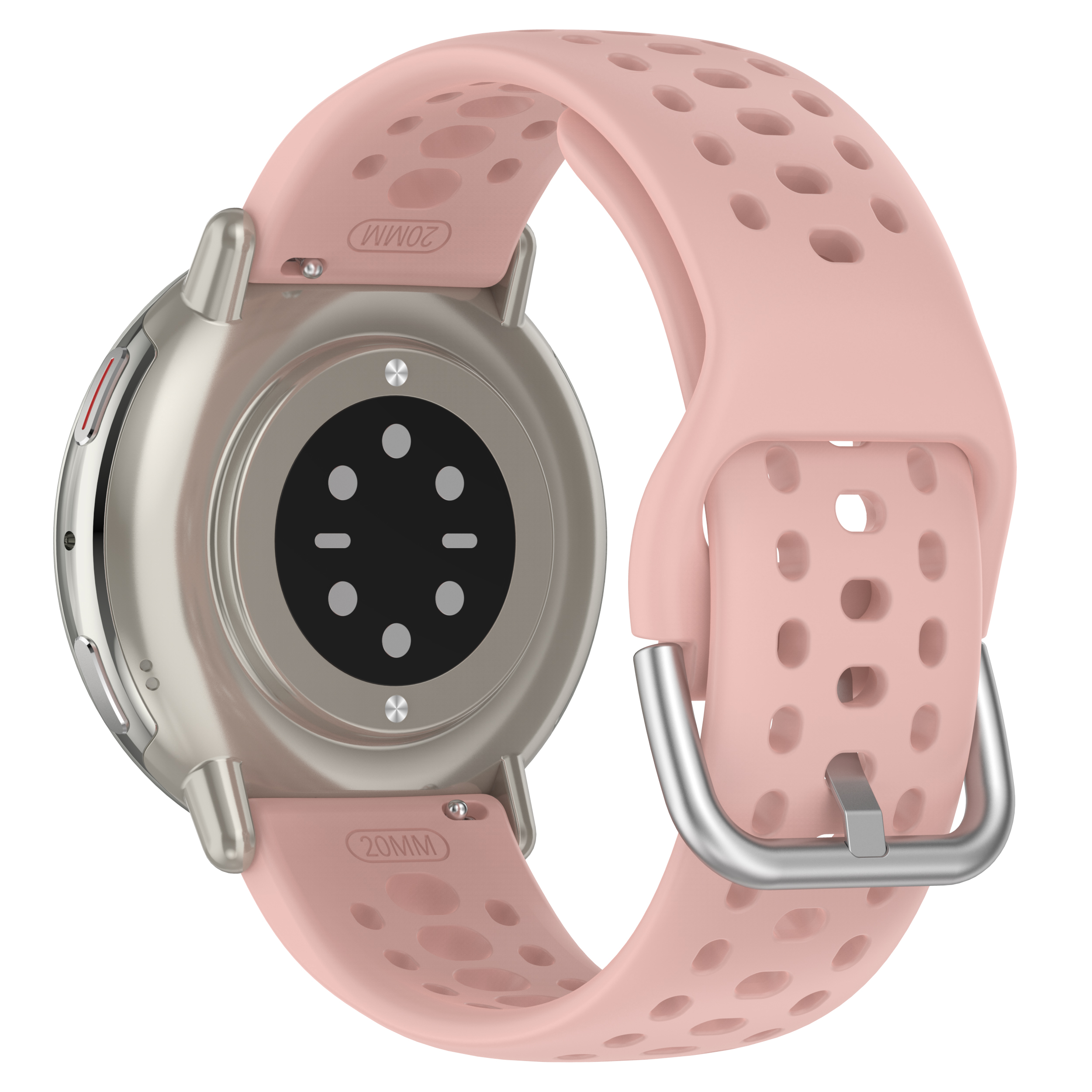 Uno smartwatch rosa chiaro con cinturino rosa, cornice argentata e quadrante circolare nero.