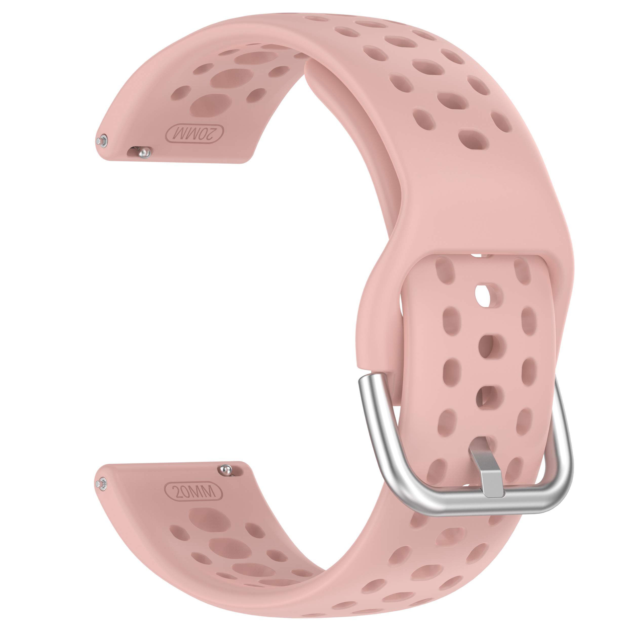 Cinturino rosa per smartwatch con fori. Chiusura in metallo visibile. Sfondo bianco.