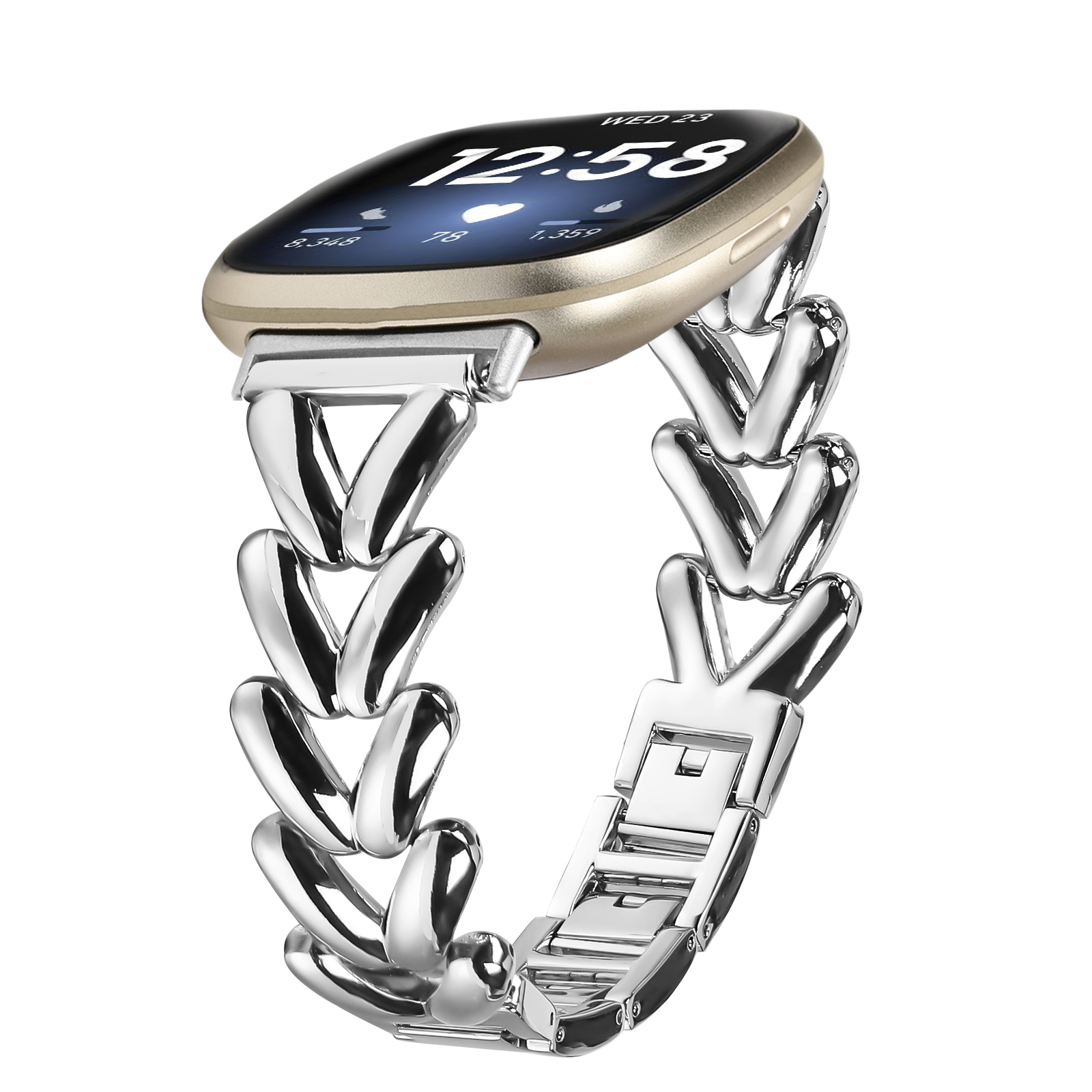 Ein silbernes Uhrenarmband. Das Band besteht aus verbundenen, gebogenen Metallstücken. Das Zifferblatt ist goldfarben.