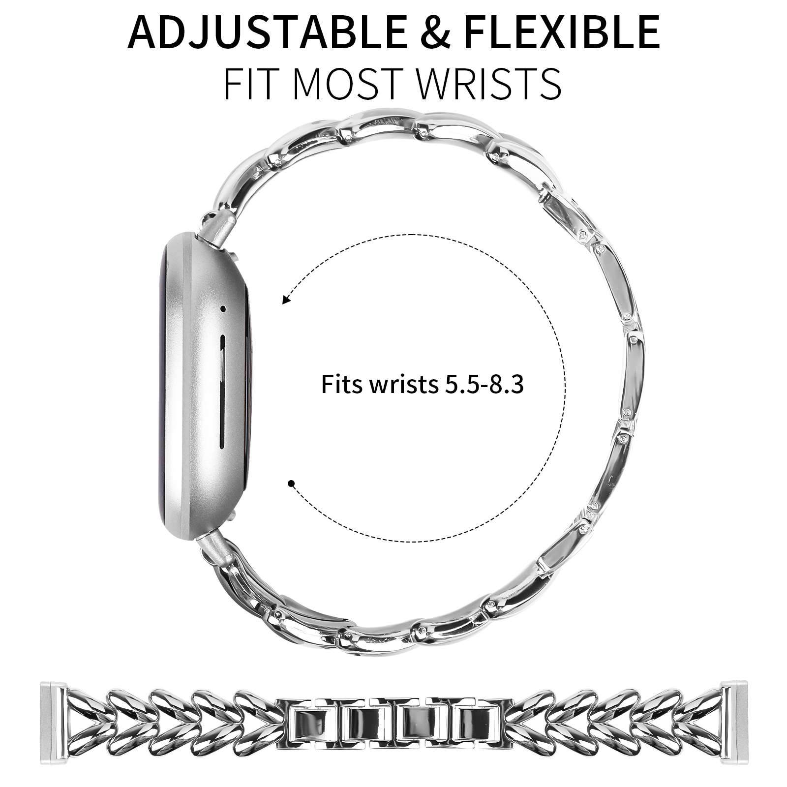 Silberne Smartwatch mit silbernem Kettengurt und dem Text 'Adjustable & Flexible'.