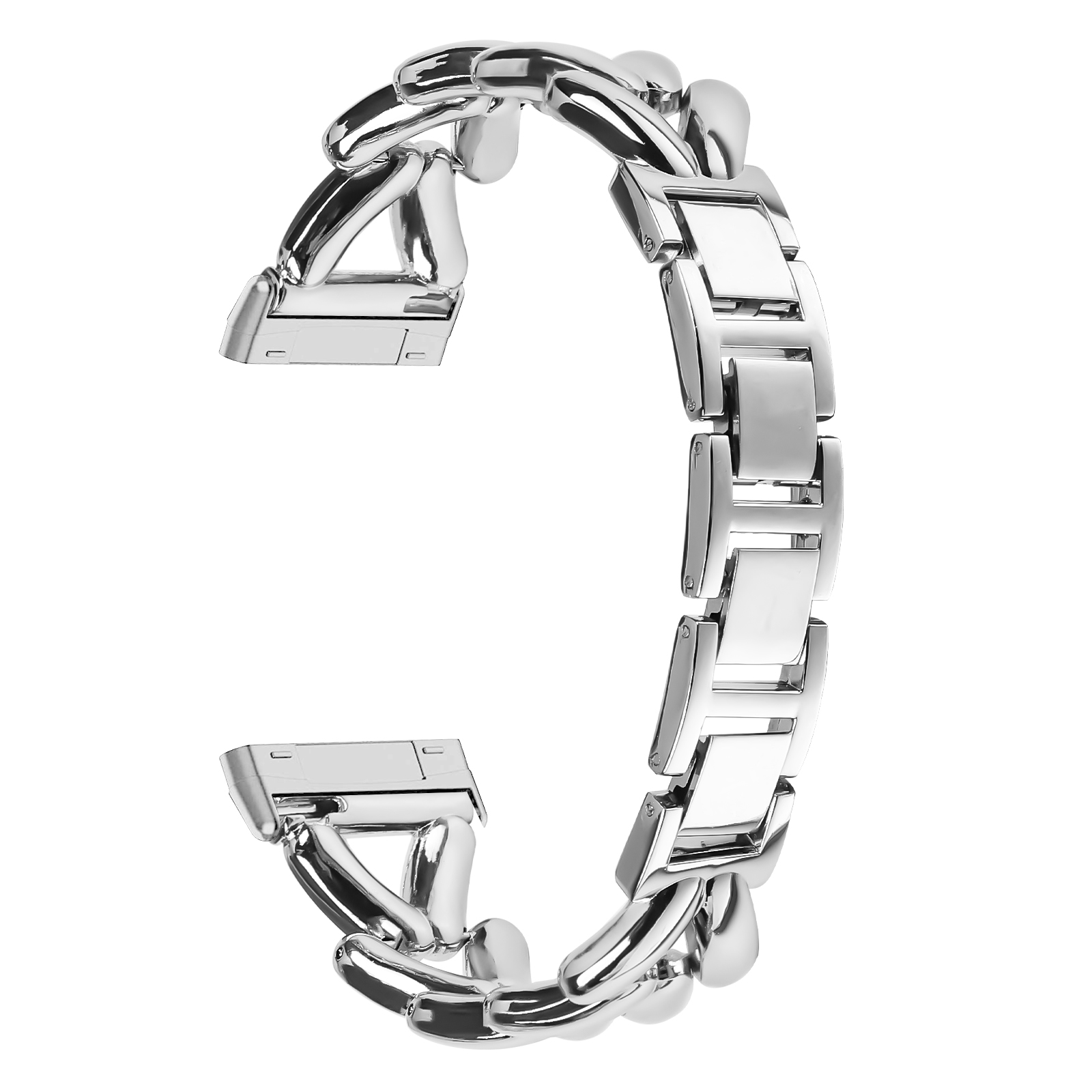 Ein silbernes Armband. Es besteht aus verbundenen, glänzenden Metallteilen.