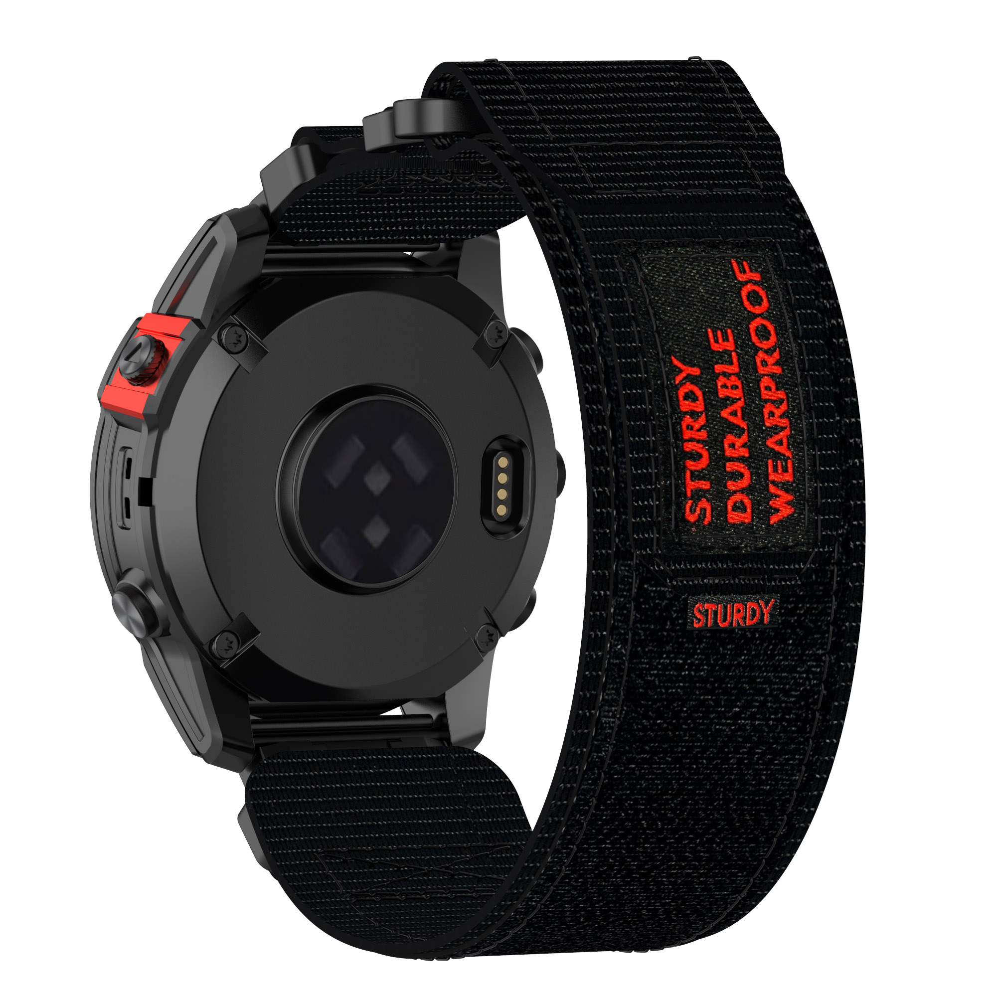 Czarny smartwatch z czarnym paskiem, czerwonymi przyciskami i etykietą 'Sturdy Durable Wearproof'.
