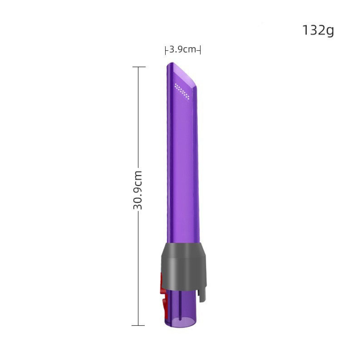Accessorio per aspirapolvere viola con misure. È lungo e sottile.