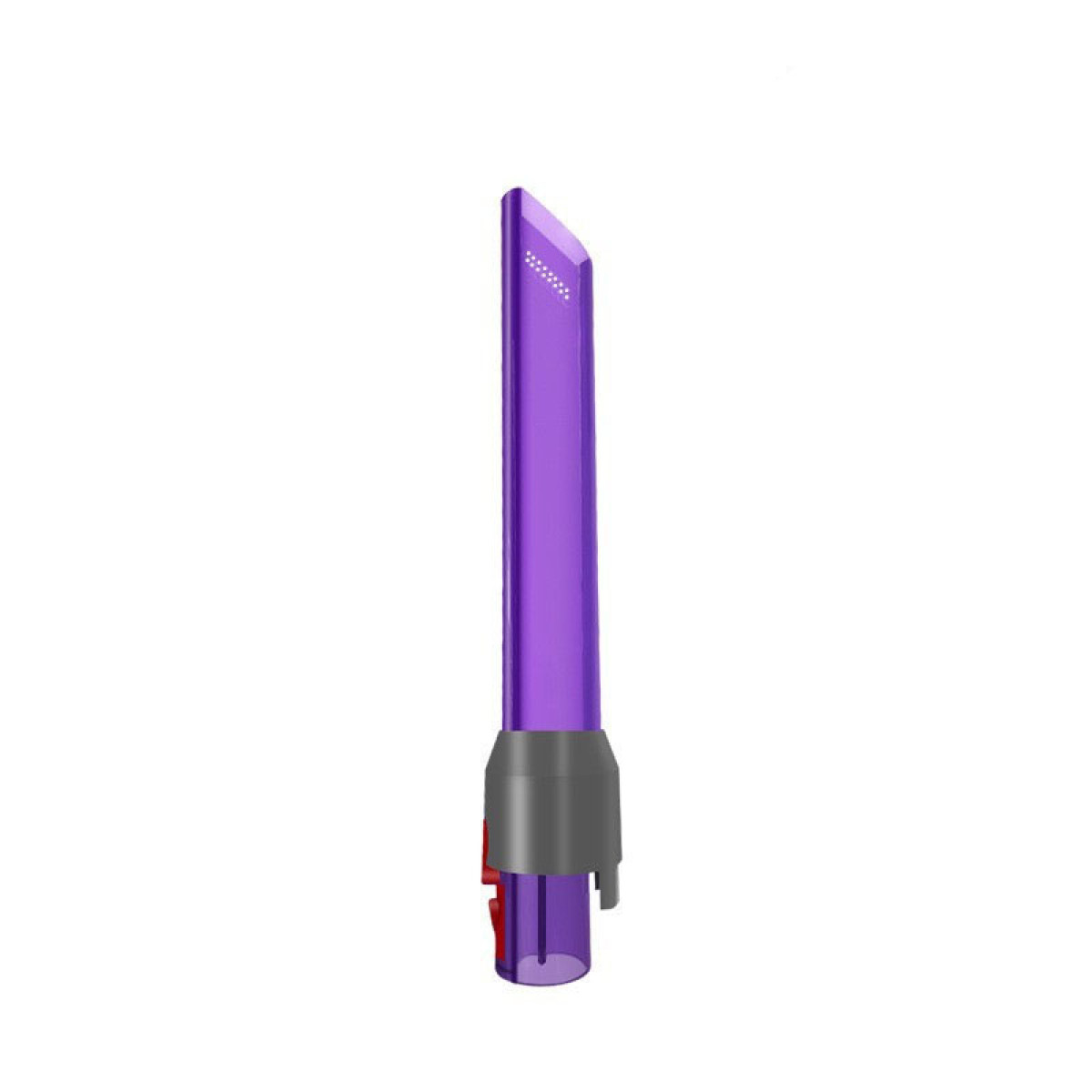 Accessorio per aspirapolvere viola. Ugello angolato con base grigia e dettaglio rosso. Isolato su bianco.