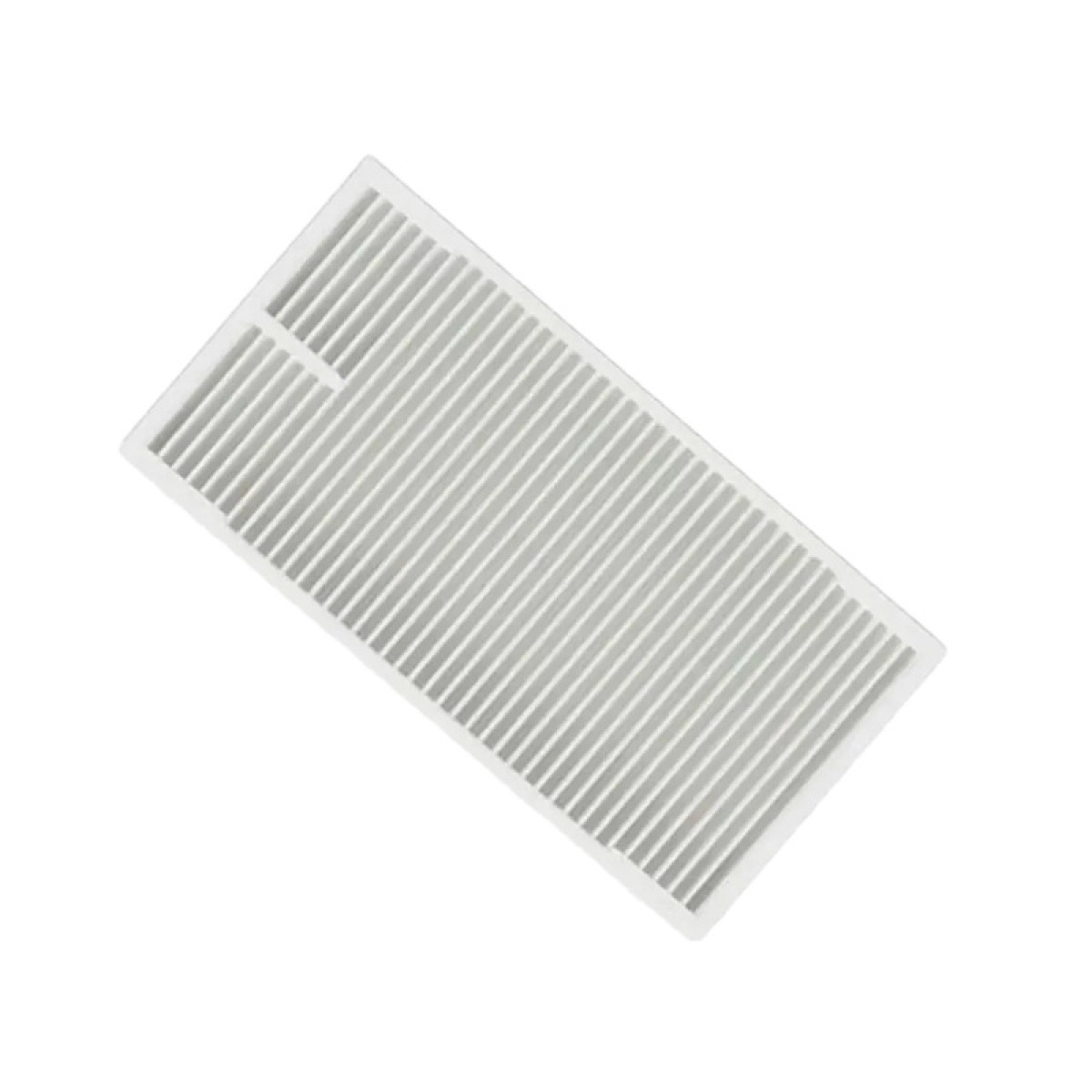 Filtro dell'aria bianco con linee parallele, angolato su sfondo bianco.