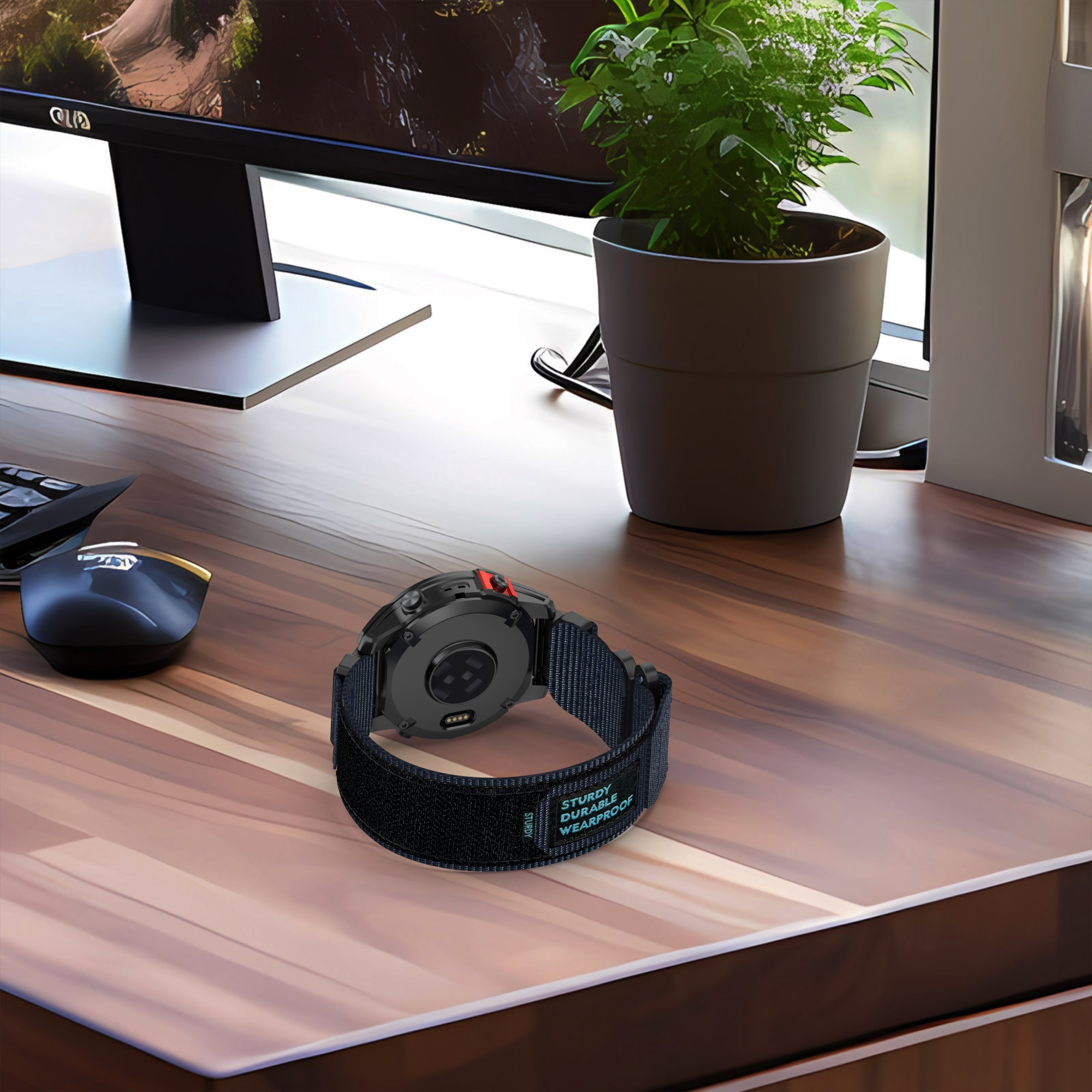 Zegarek na biurku z czarnym paskiem, myszką i rośliną.