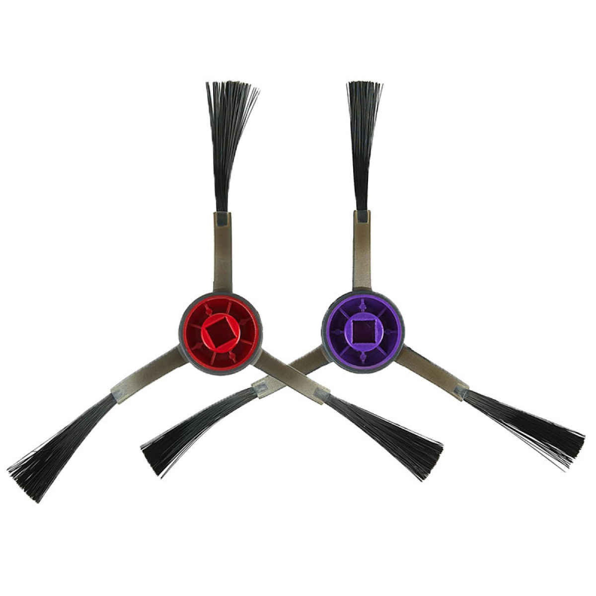 Due spazzole per robot aspirapolvere, rosse e viola, con setole nere.