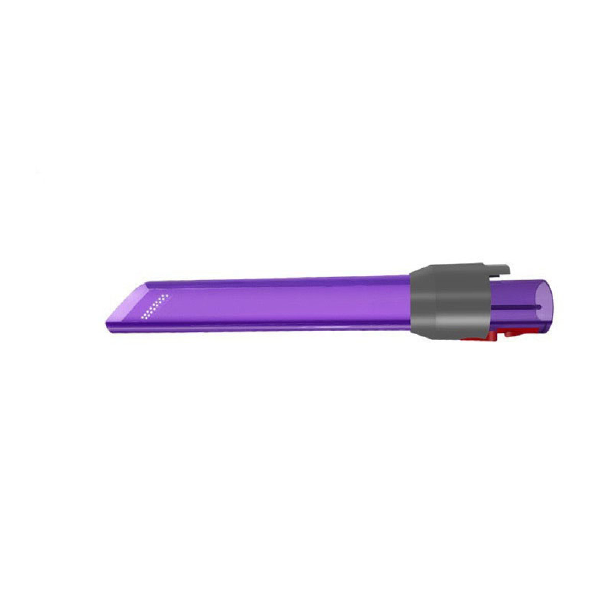 Un accessorio per aspirapolvere viola con un connettore grigio scuro e un pulsante rosso.