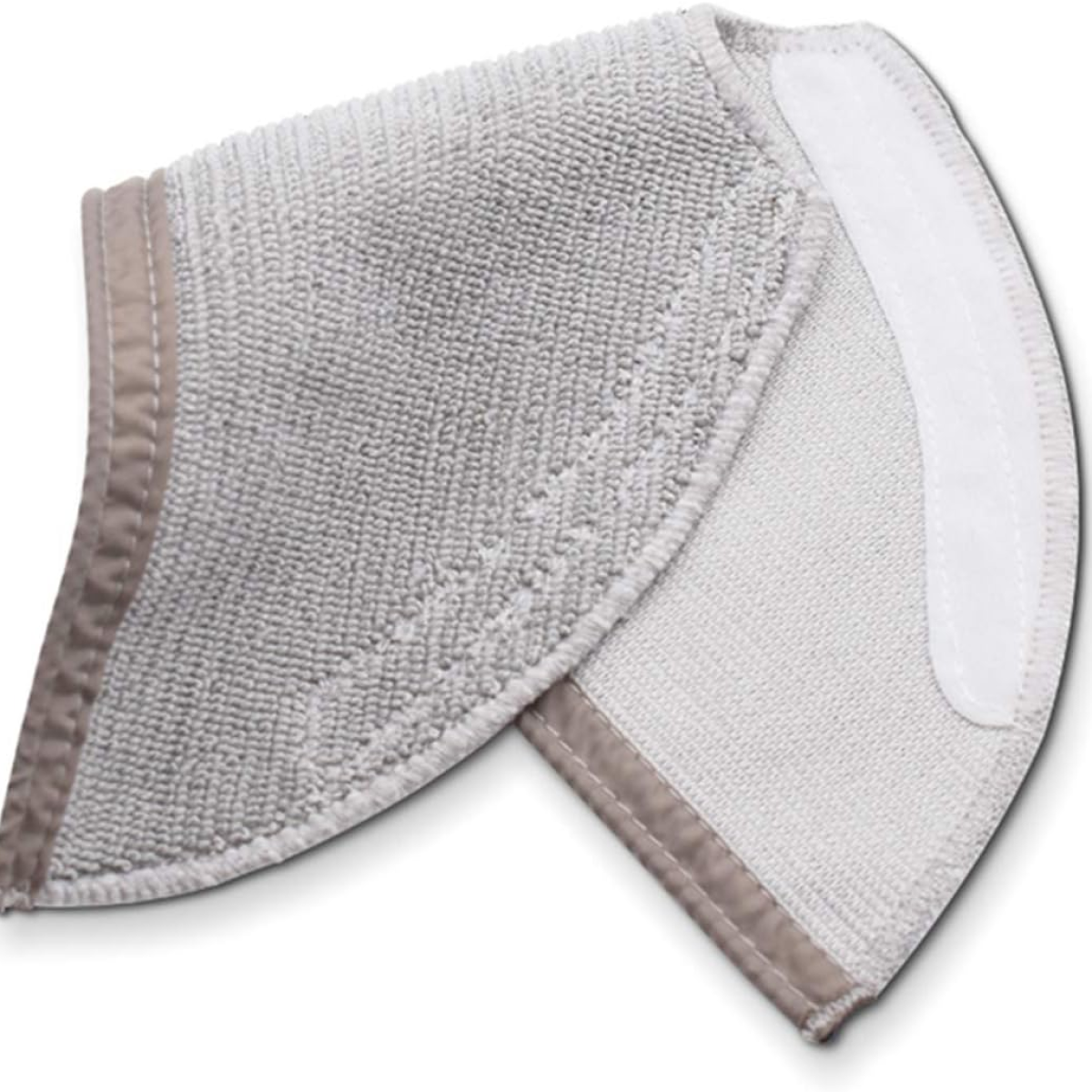 Panno per la pulizia in microfibra bianco e grigio, piegato. Ha un bordo marrone e un cinturino bianco.