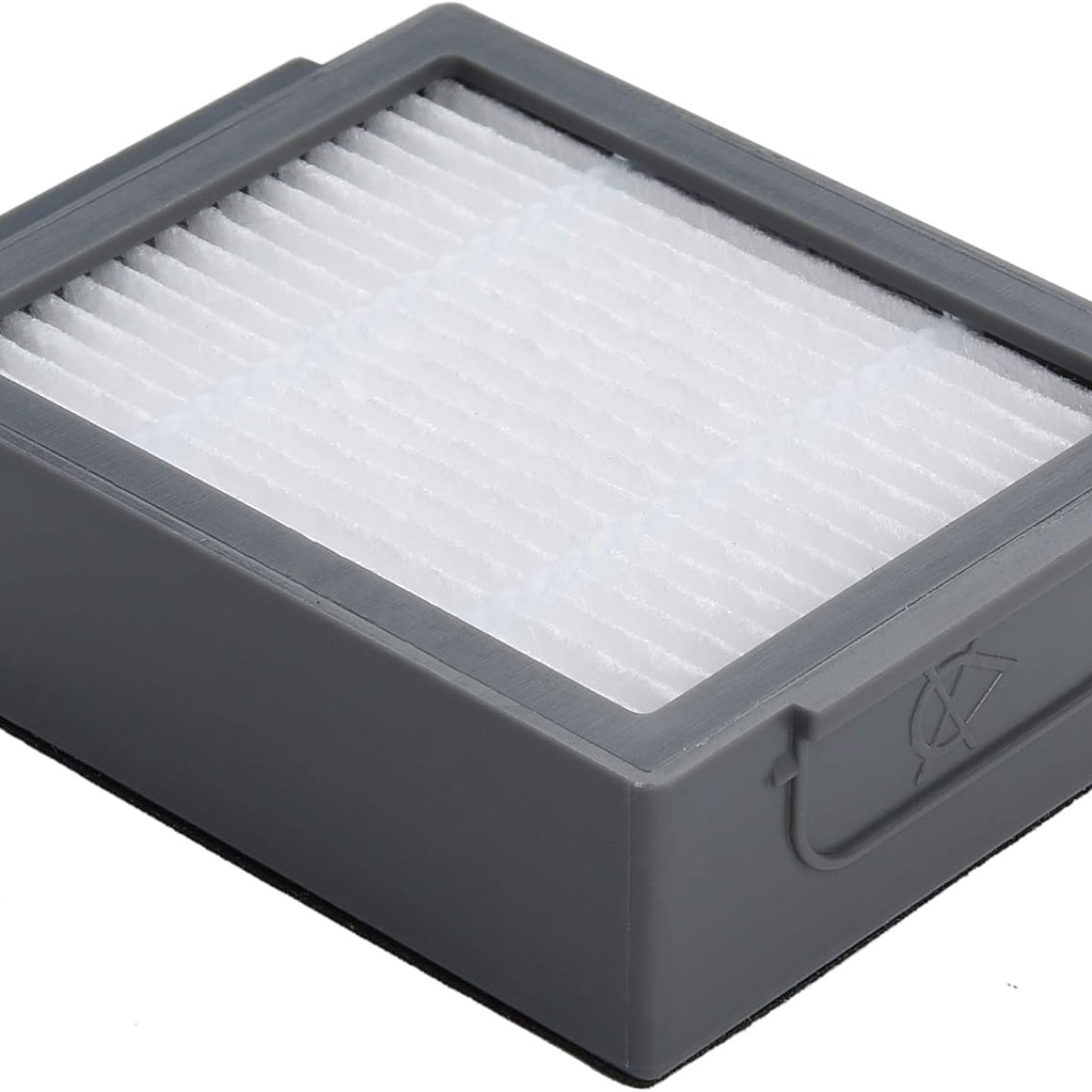Filtro dell'aria rettangolare bianco, cornice grigia, primo piano, che mostra il materiale filtrante.