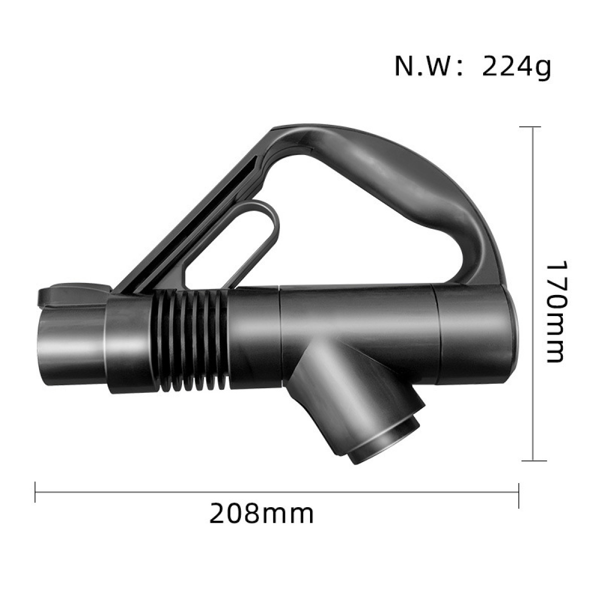 Accessorio per aspirapolvere nero con manico, etichette dimensionali.