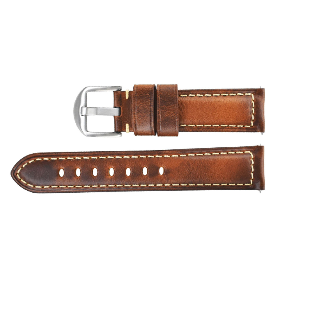 Leder-Uhrenarmband in Braun. Enthält eine silberne Schnalle und weiße Nähte.