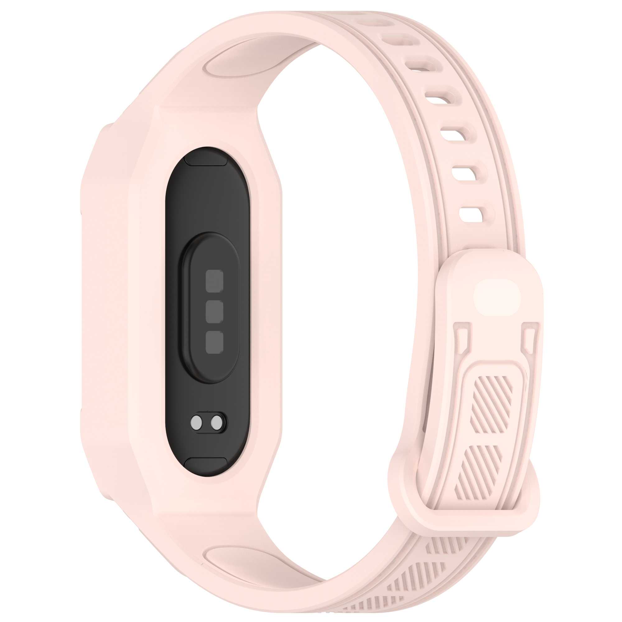 Ein rosa Fitness-Tracker mit Armband, der die Unterseite des Geräts mit Display zeigt.