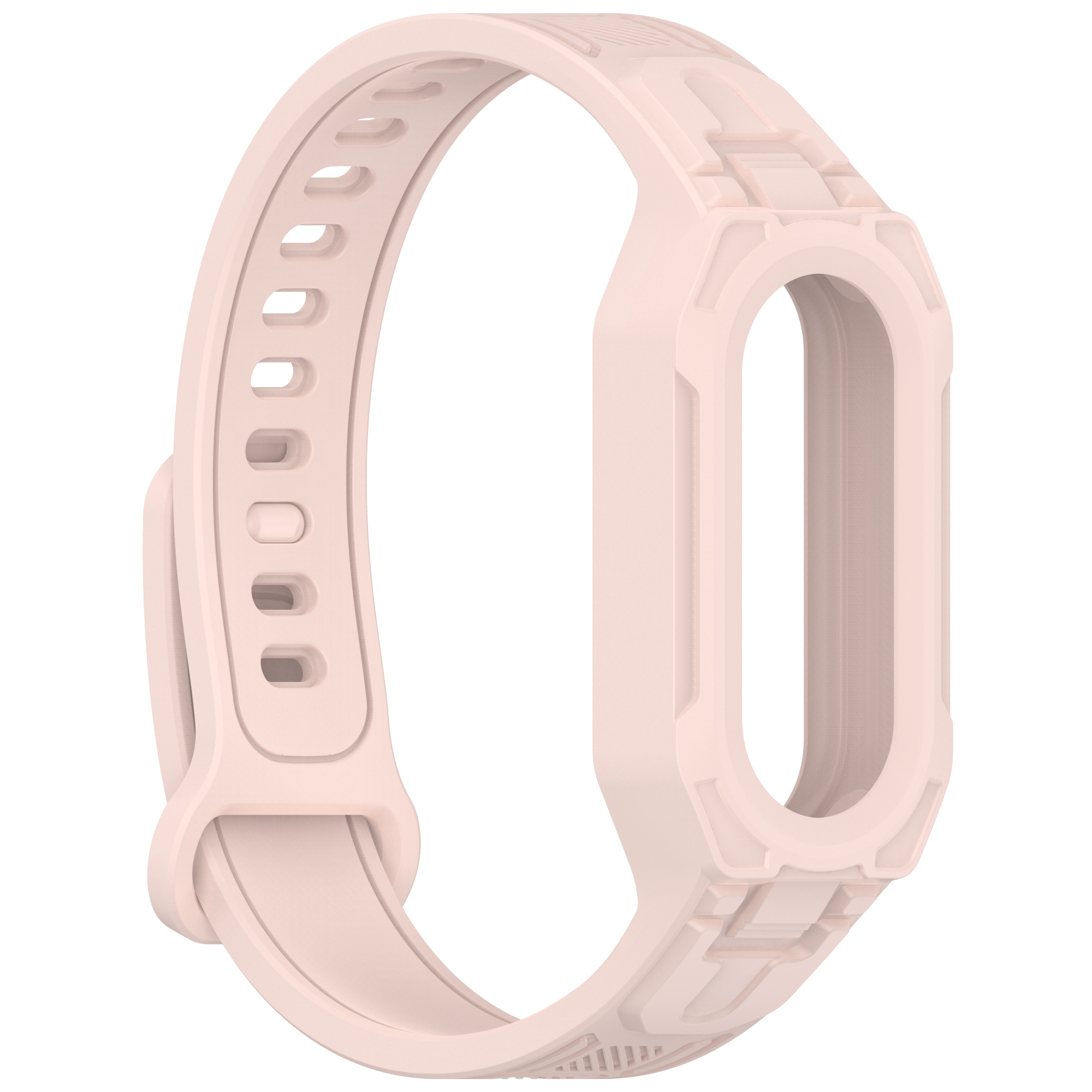 Rosa Smartwatch-Armband mit geometrischem Design. Das Armband ist offen und bereit, an einer Uhr befestigt zu werden.