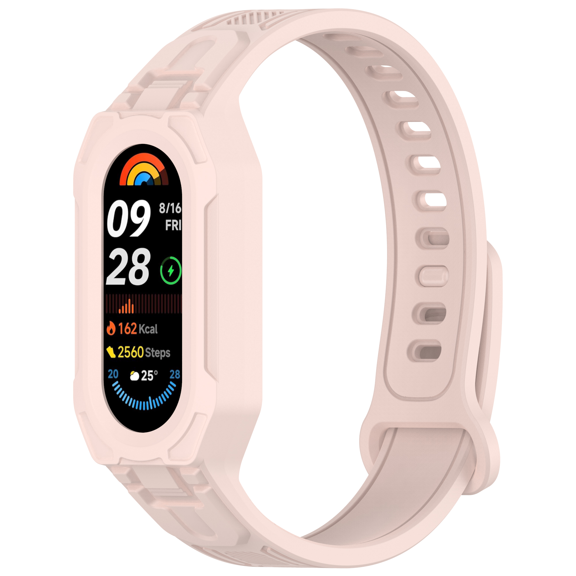 Ein pinkfarbener Fitness-Tracker mit Bildschirm, der Metriken anzeigt, und einem pinkfarbenen Armband.