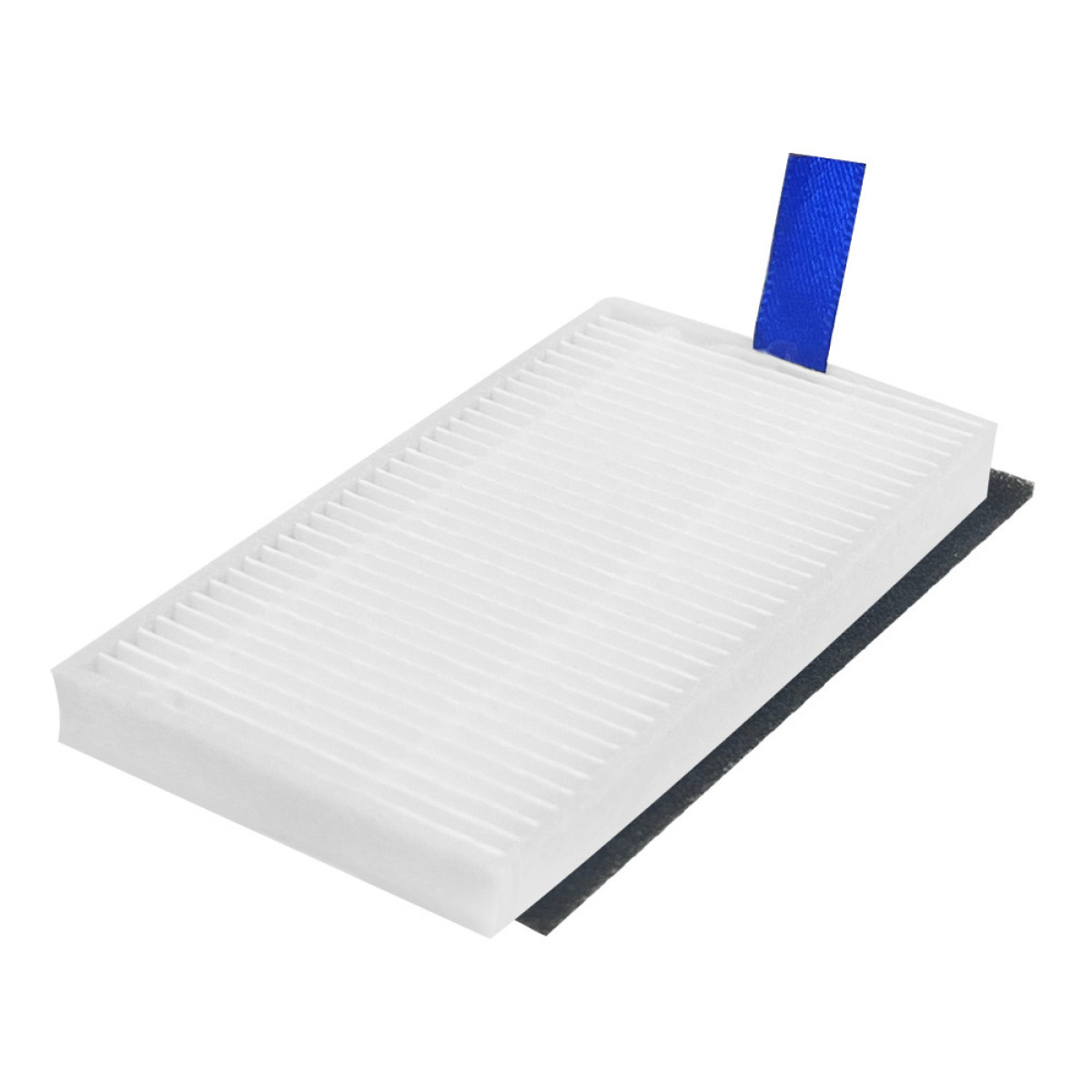 Filtro aria rettangolare bianco con design a pieghe, linguetta blu. Cornice nera, sfondo bianco.