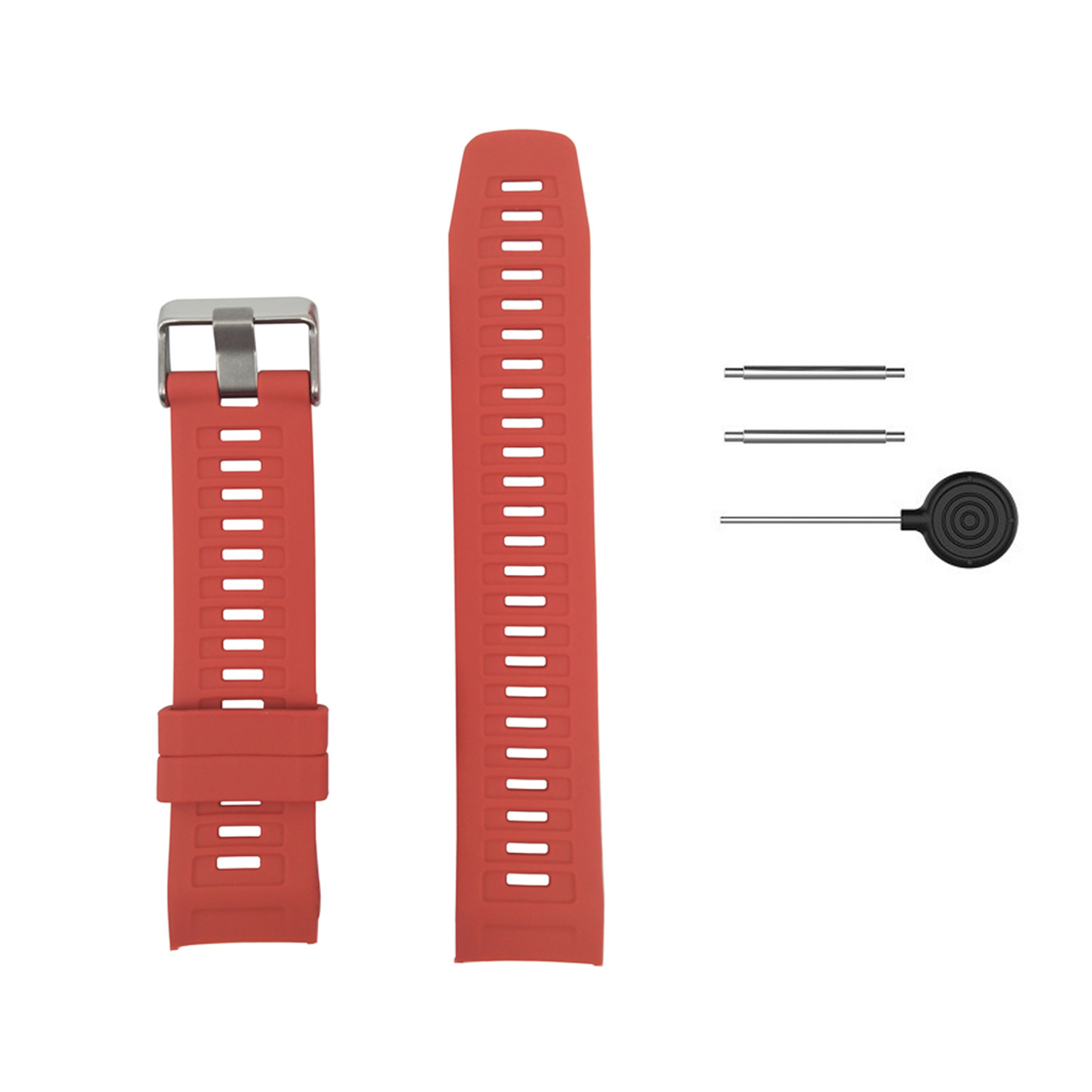 Rotes Uhrenarmband mit Schnalle und zusätzliche Werkzeuge auf weißem Hintergrund.