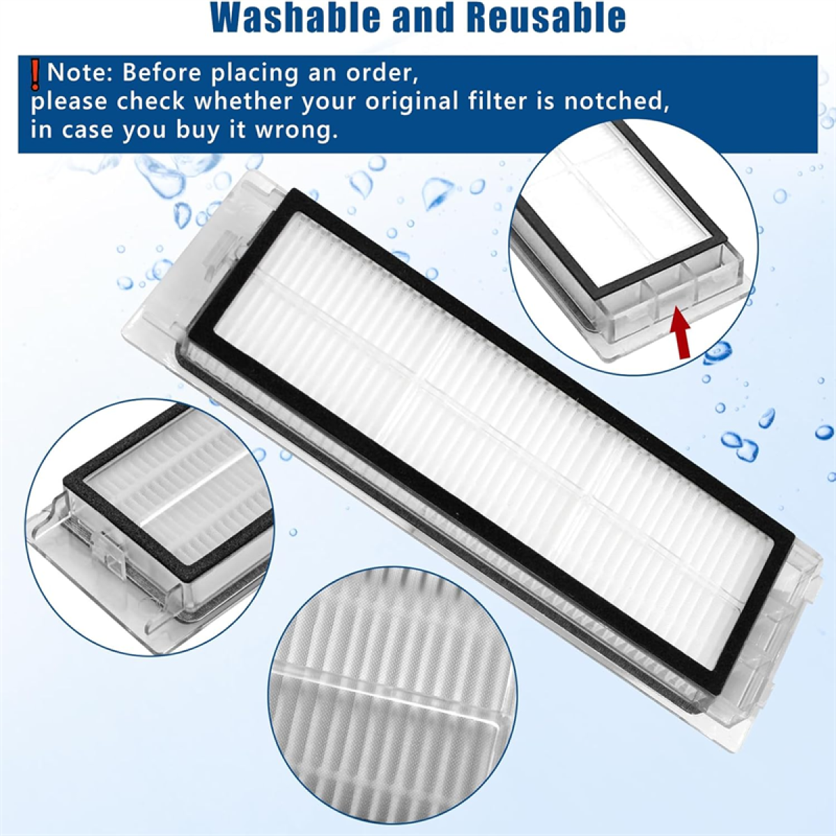 Filtro bianco e nero con cornice nera e supporto in plastica rettangolare trasparente. Testo: lavabile e riutilizzabile.