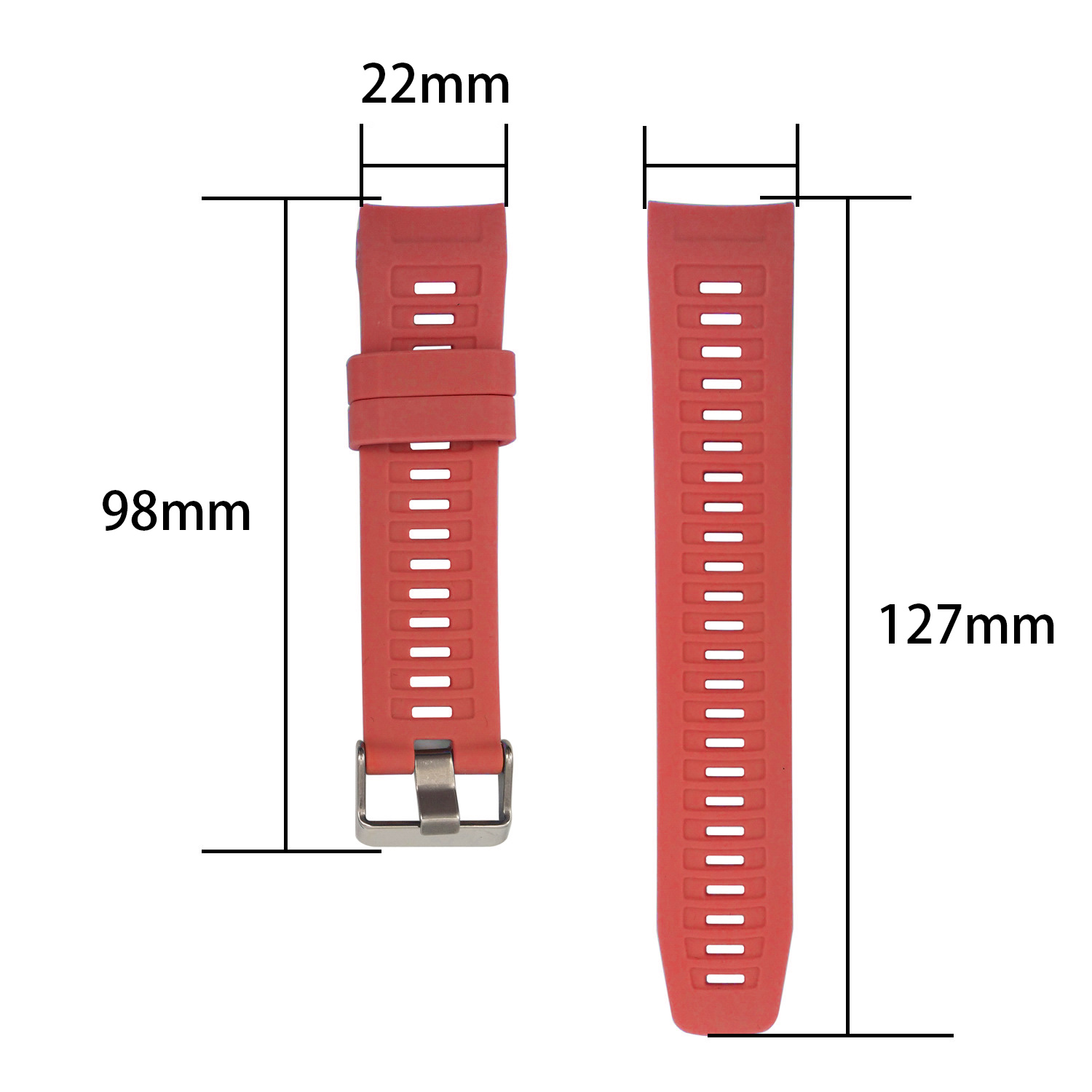 Rote Uhrenarmbandteile mit Messungen und Abmessungen.