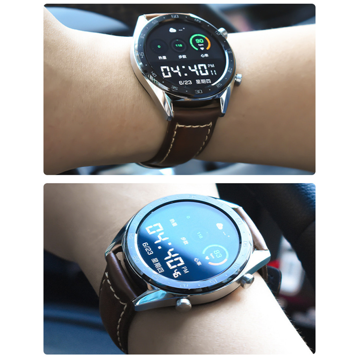 Zwei Smartwatches, die Zeit und Gesundheitsdaten anzeigen, eine am Handgelenk im Auto.