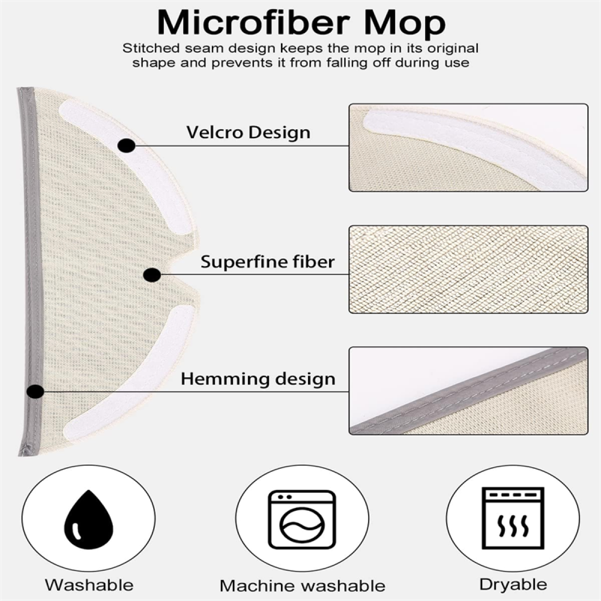 Mocio in microfibra con design in velcro, fibra superfine e design con orlo, e icone di lavaggio.