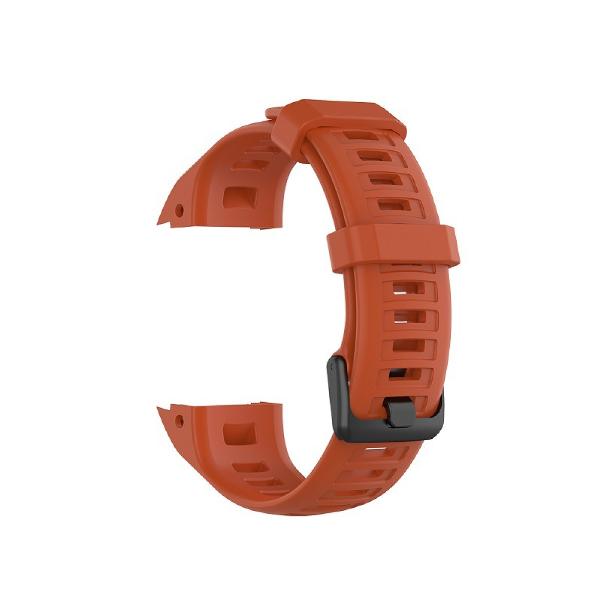 Orangenes Uhrenarmband mit schwarzer Schnalle, isoliert auf weißem Hintergrund.