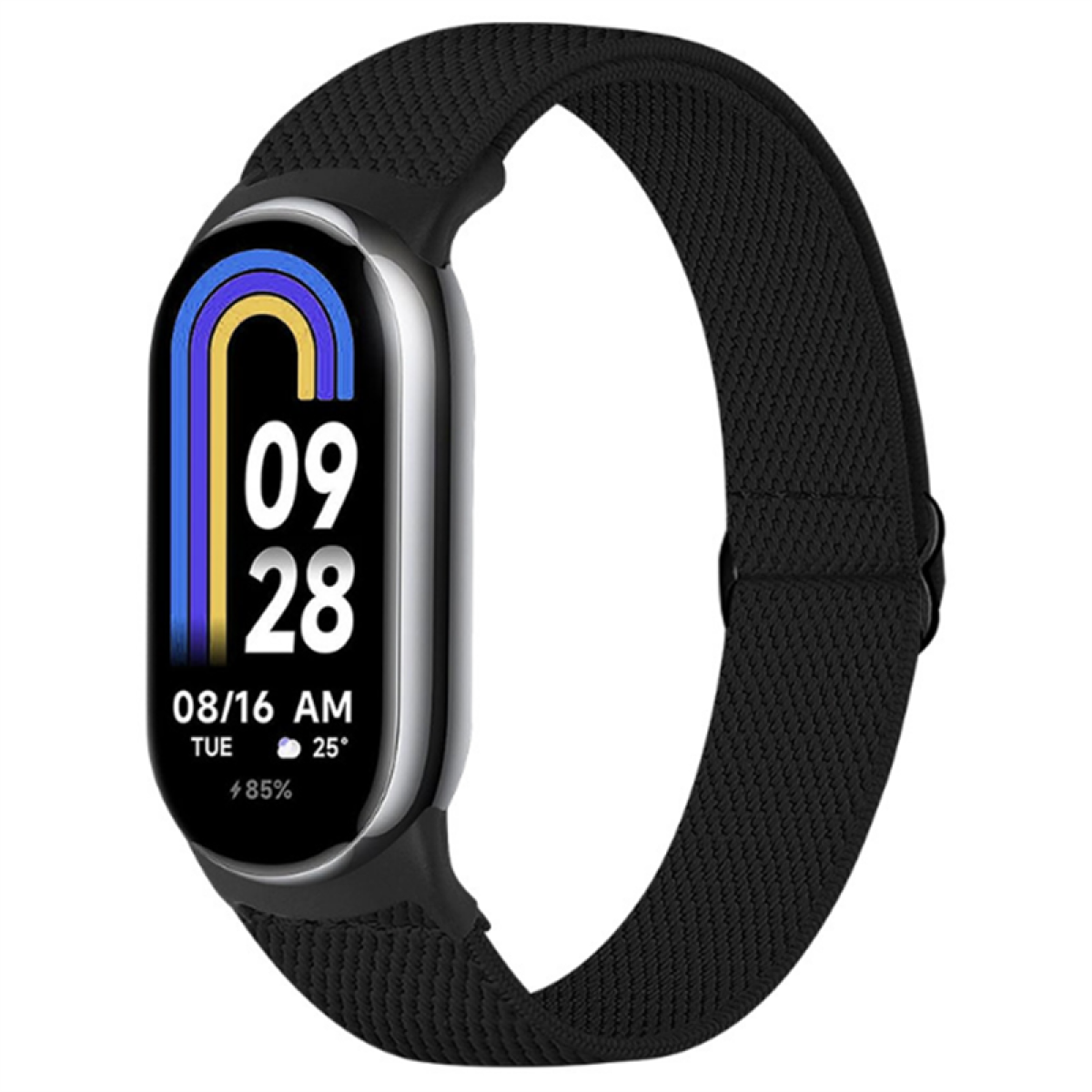 Smartwatch mit schwarzem Armband, zeigt Zeit und Datum auf einem farbigen Bildschirm.