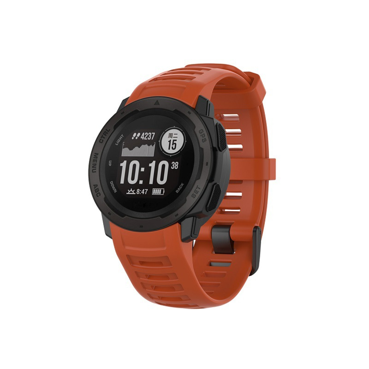 Eine Garmin Instinct Smartwatch mit orangefarbenem Armband, die Zeit und Datum anzeigt.