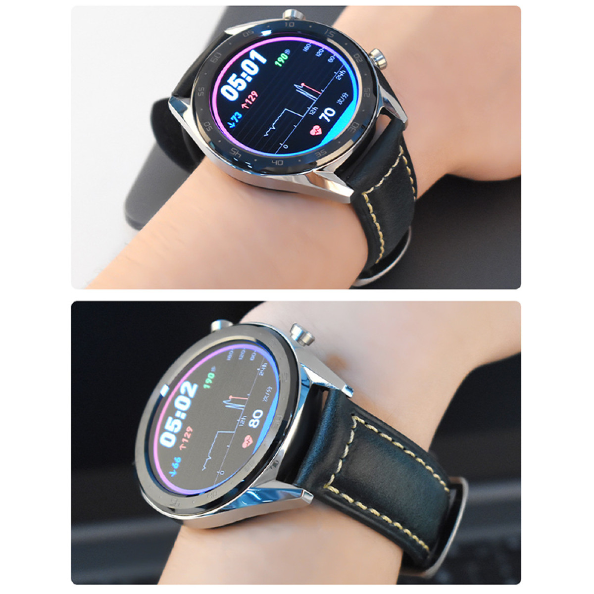 Zwei Nahaufnahmen einer Smartwatch am Handgelenk, die Zeit und Metriken anzeigt.