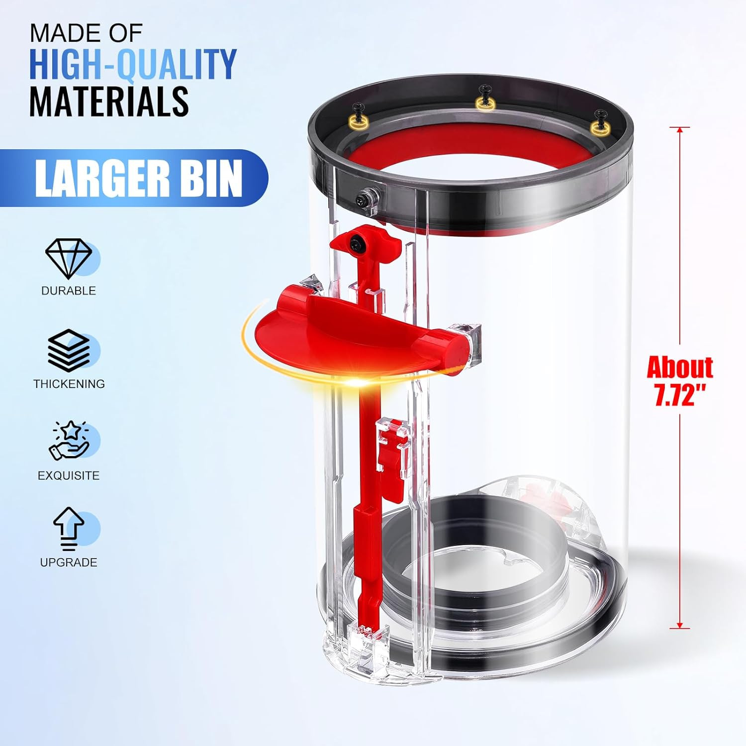 Przezroczysty pojemnik odkurzacza z czerwonymi elementami i tekstem.