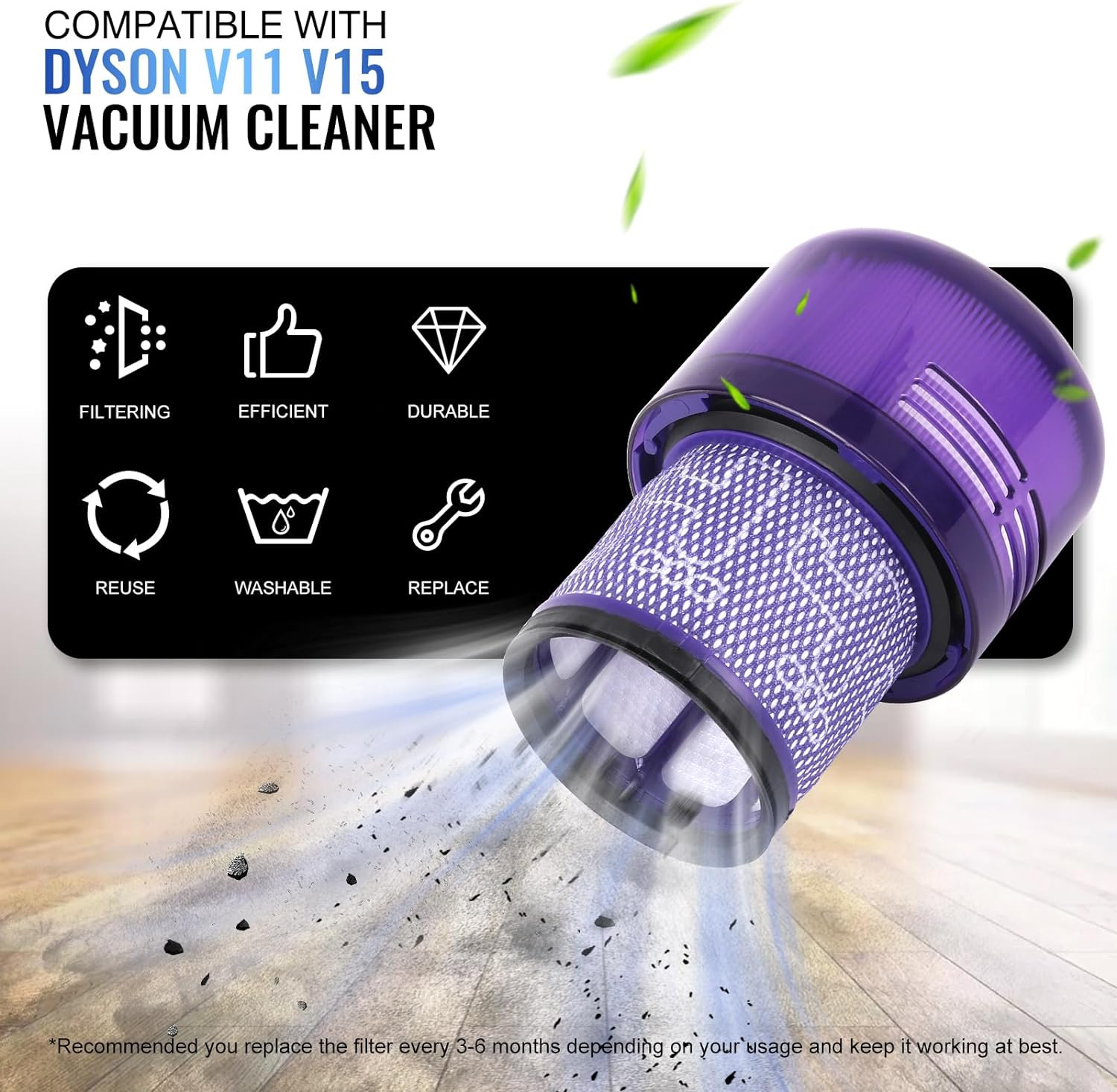 Filtr do odkurzacza z tekstem i ikonami. Fioletowo-biały design.