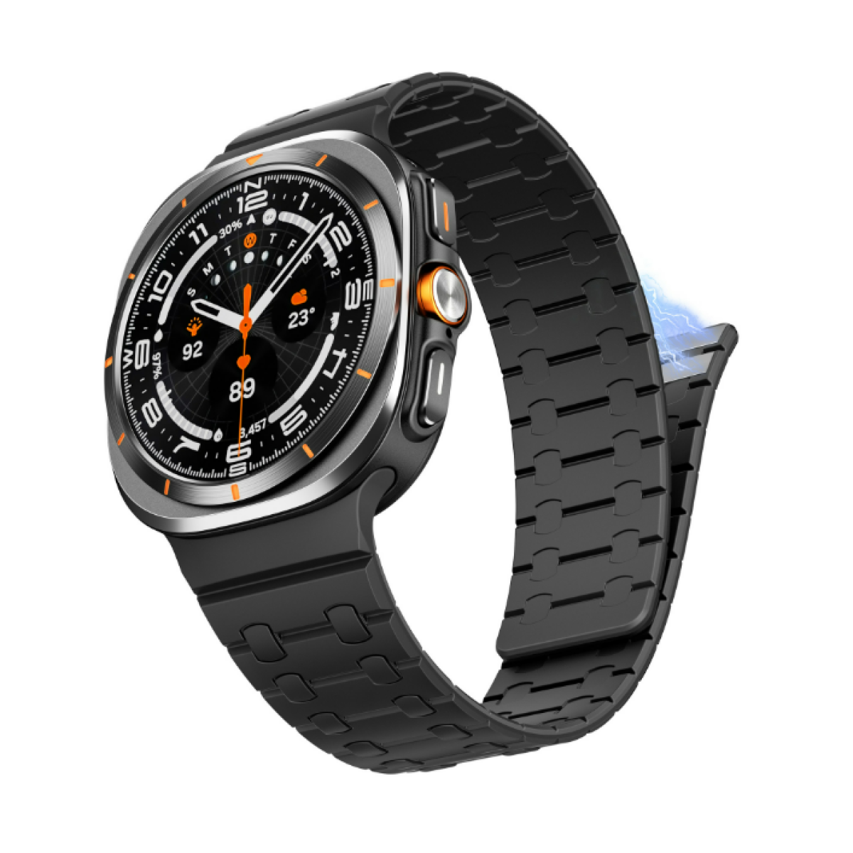 Uno smartwatch con cinturino nero, che mostra un display con numeri e un orologio.