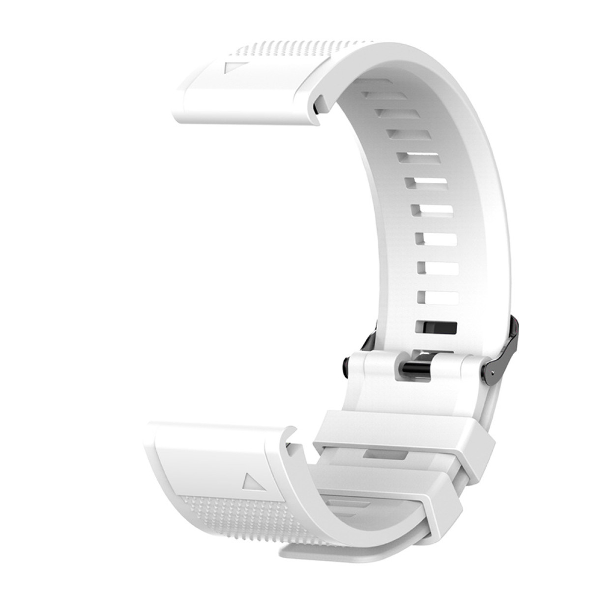 Weißes Smartwatch-Armband mit geschwungenem Design. Weißer Hintergrund.