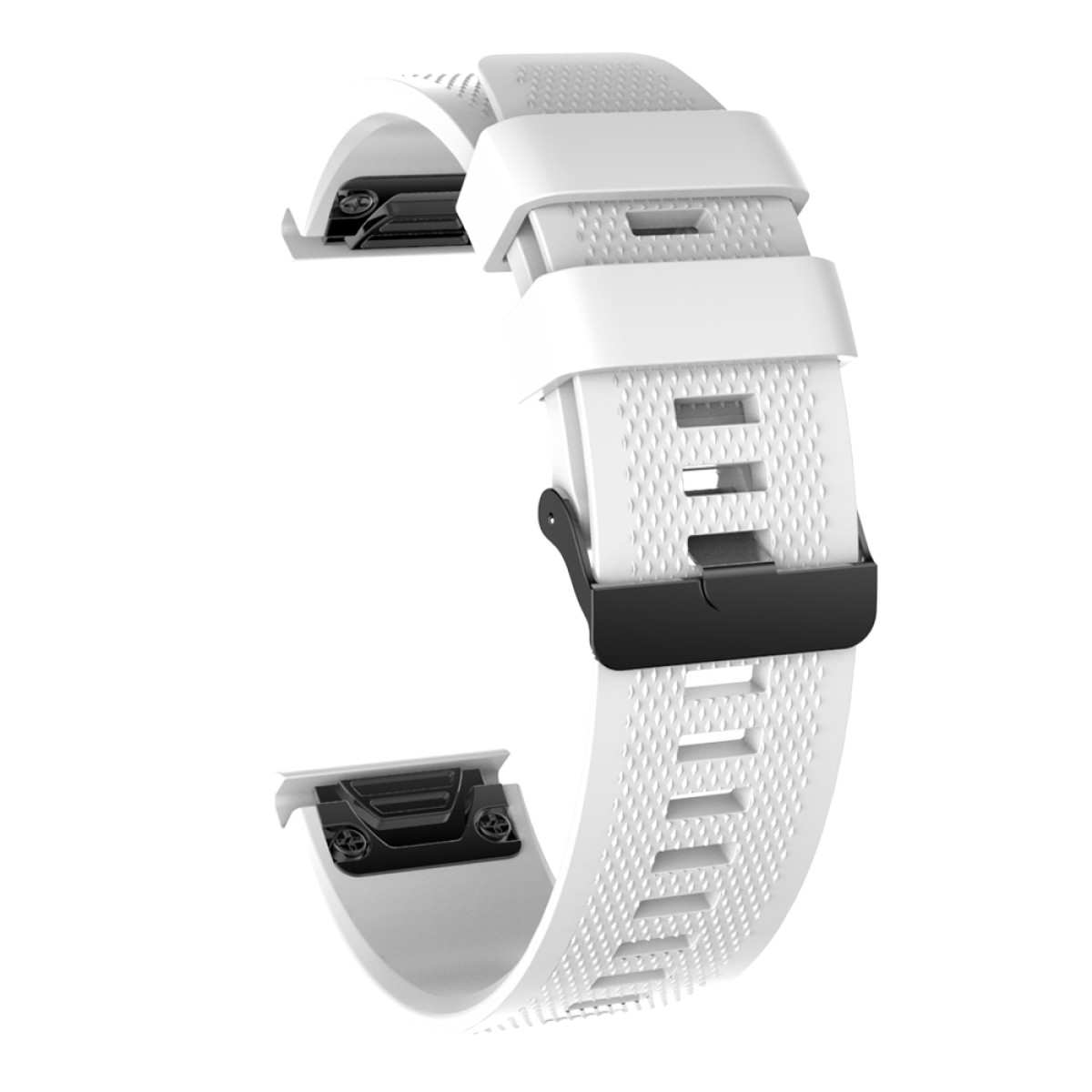 Weißes Smartwatch-Armband mit schwarzem Verschluss. Strukturierte Oberfläche und mehrere Einstelllöcher.