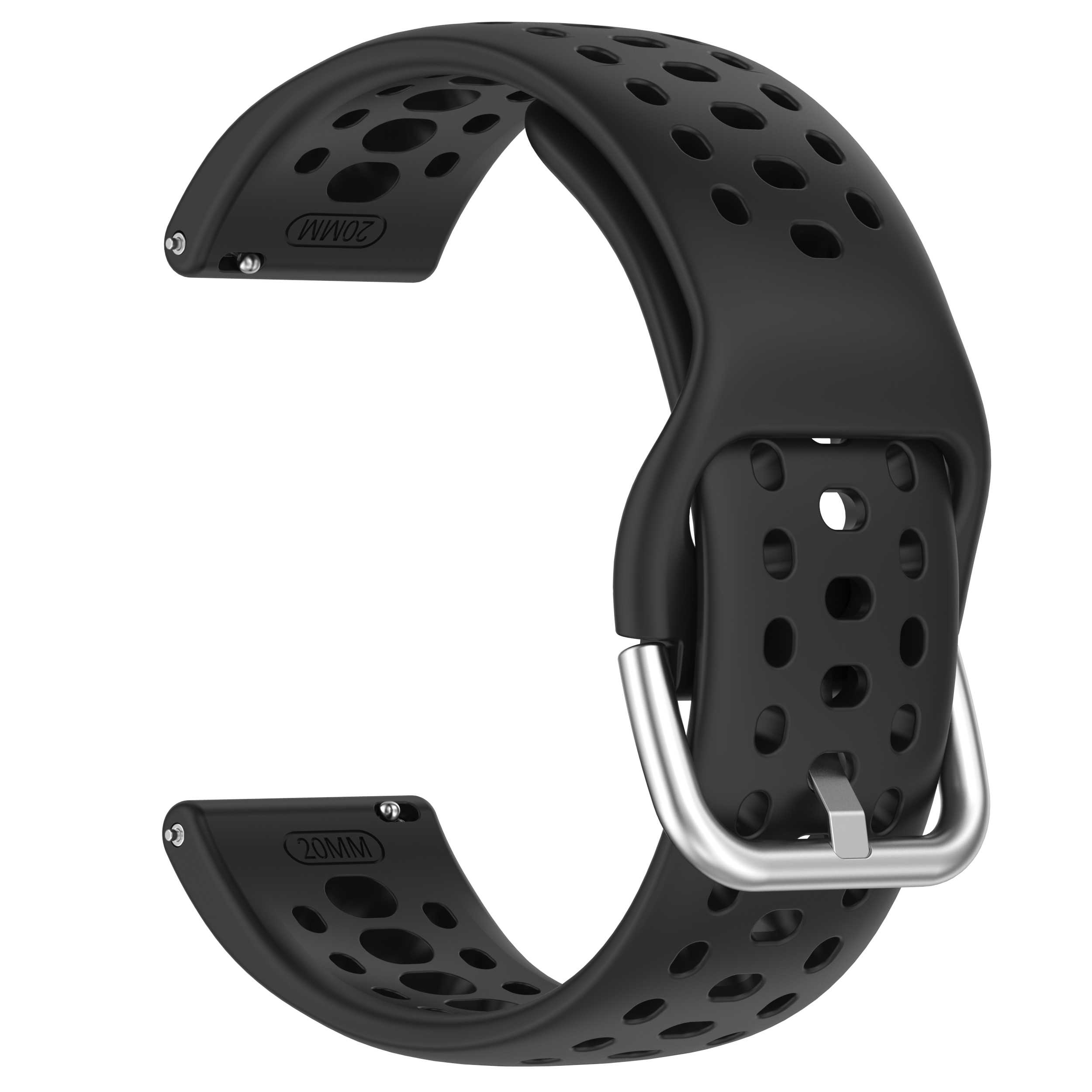 Schwarzes Uhrenarmband mit Schnalle. Es hat ein perforiertes Design für bessere Atmungsaktivität.