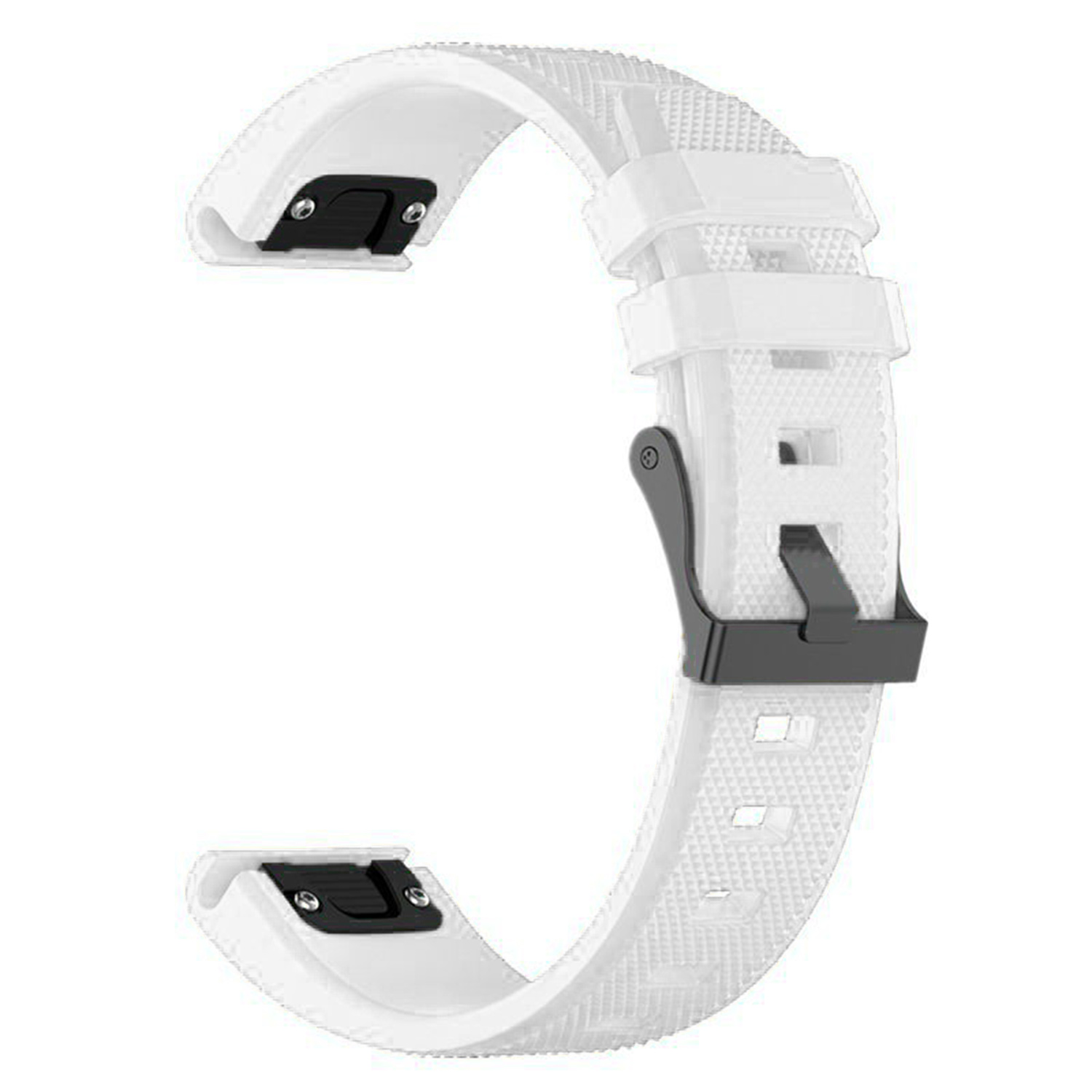 Weißes Uhrenarmband mit schwarzer Schnalle. Das Armband hat eine strukturierte Oberfläche und eine gebogene Form.
